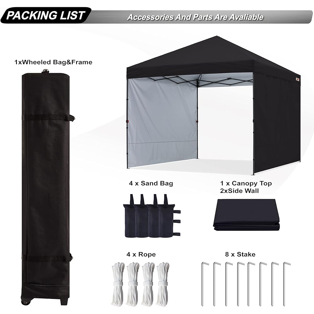 ABCCANOPY Tarp Tent One-Touch with 2 Side Sheets Center Lock 3m/2.5m/2m 3 Level Adjustment Includes Caster Bag Large Size for 8 People Easy to Assemble Accessories Included (2.5M/Black)