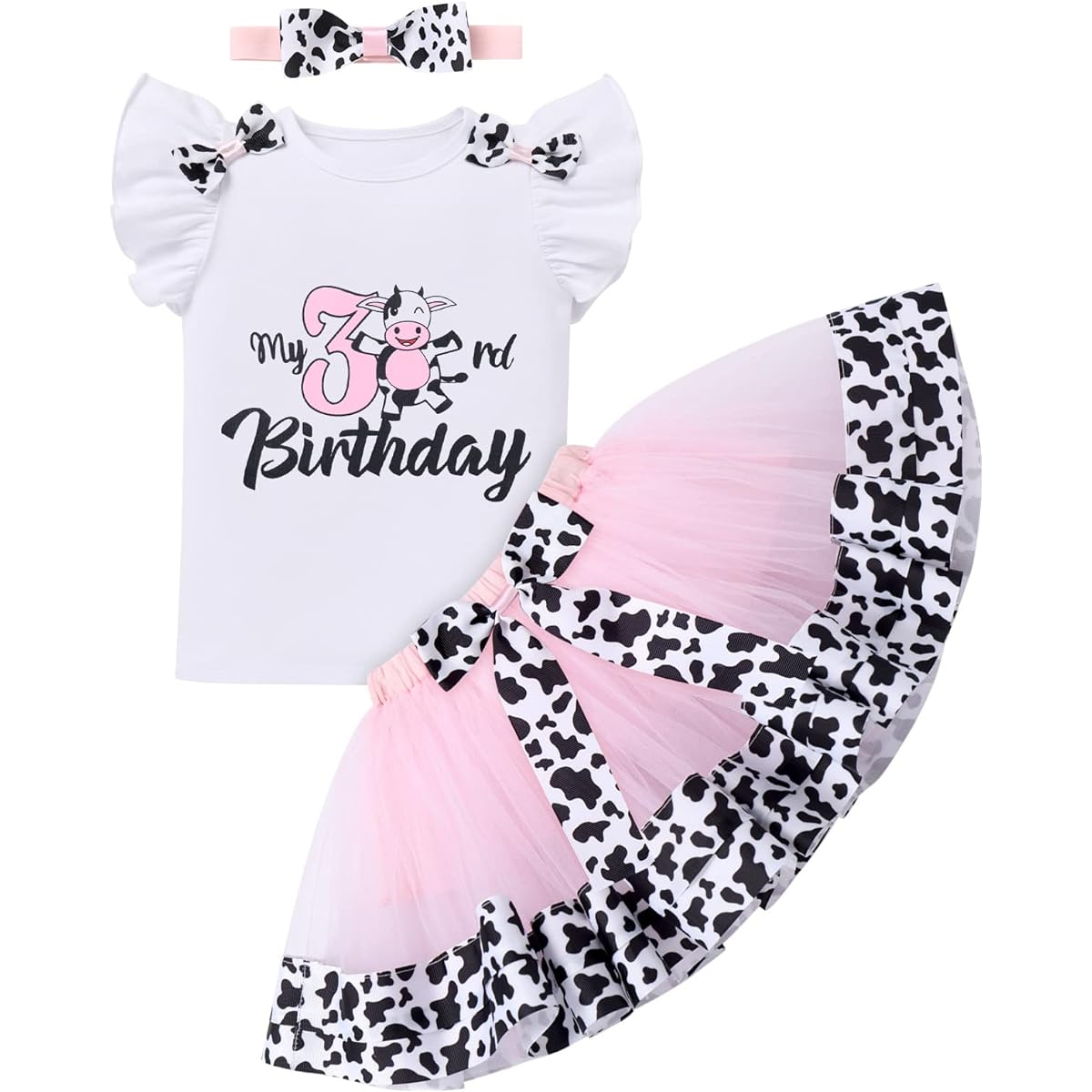 Cow Third Birthday Girl Outfit Toddler Kids T-shirt Cow Tutu Skirt Headband Cake Smash Photoshoot Baby Cows Print My 3rd Birthday Outfit Farm Animals Cow Birthday Party Supplies Halloween Costume Pink