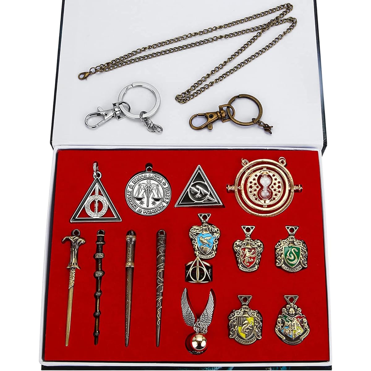 Novelty Magic Wand Necklace Set for Fans Cosplay Accessories with Keychain Necklace Ring Academy Badge Gift Box Brown 15 Pieces, Brown, Small