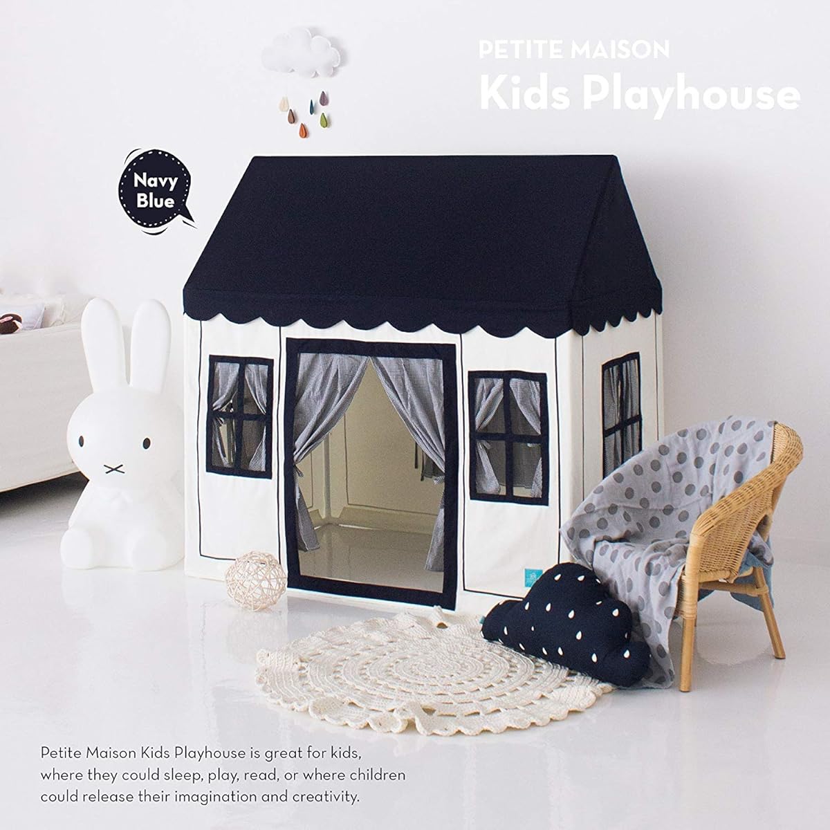 PETITE MAISON Kids Playhouse Tent with 100% Cotton Fabric & 5 Windows - Handcrafted Premium Quality Play Tent for Indoor and Outdoor Use - Lightweight and Easy to Assemble - Best Birthday Gift - Navy Blue