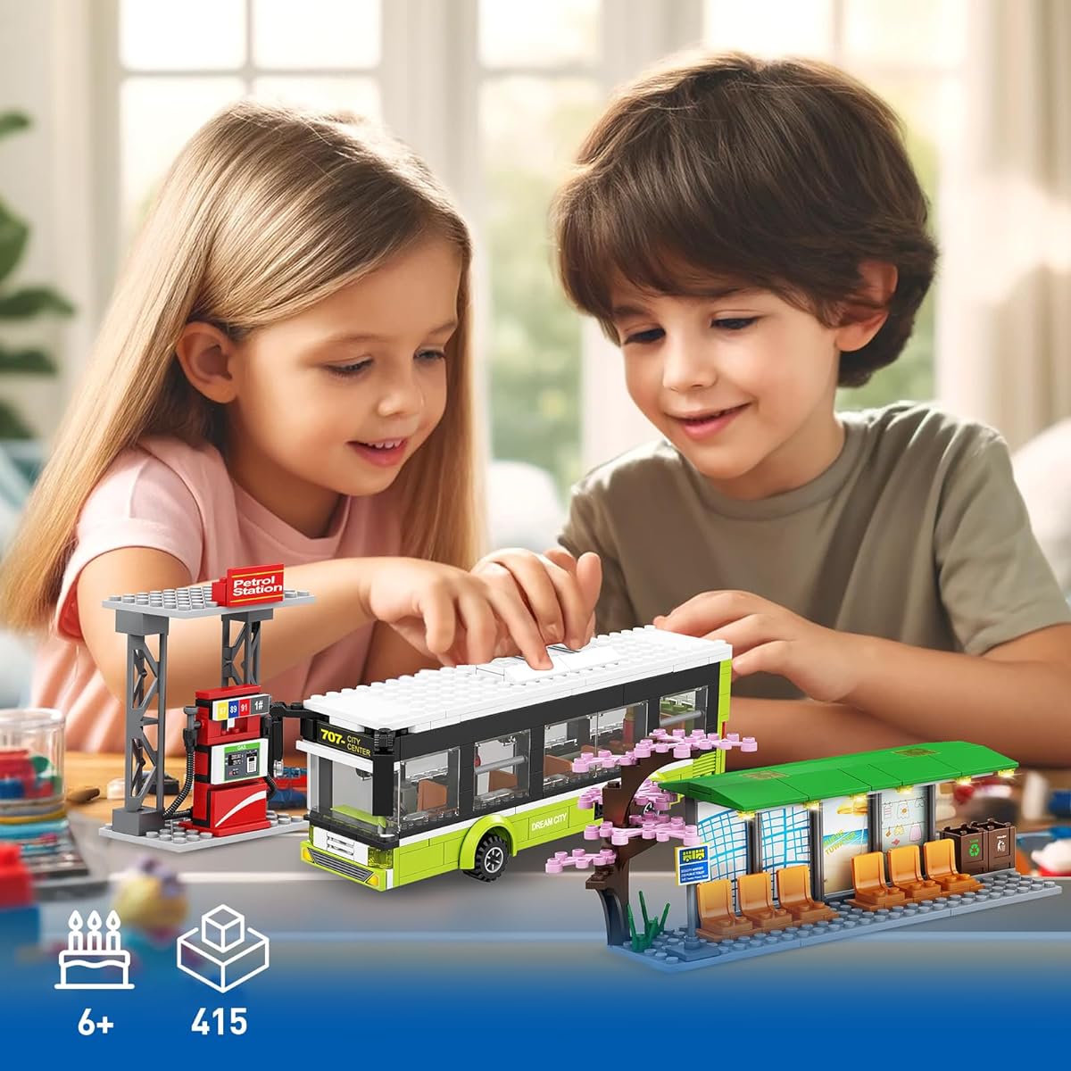 JSINMA City Bus Station Building Toy Set with Bus, 6 Minifigures and Gas Station - Bus Toys for Kids Ages 6 and Up - Great Gift Idea for Boys and Girls - Compatible with City Sets (415 Pieces)