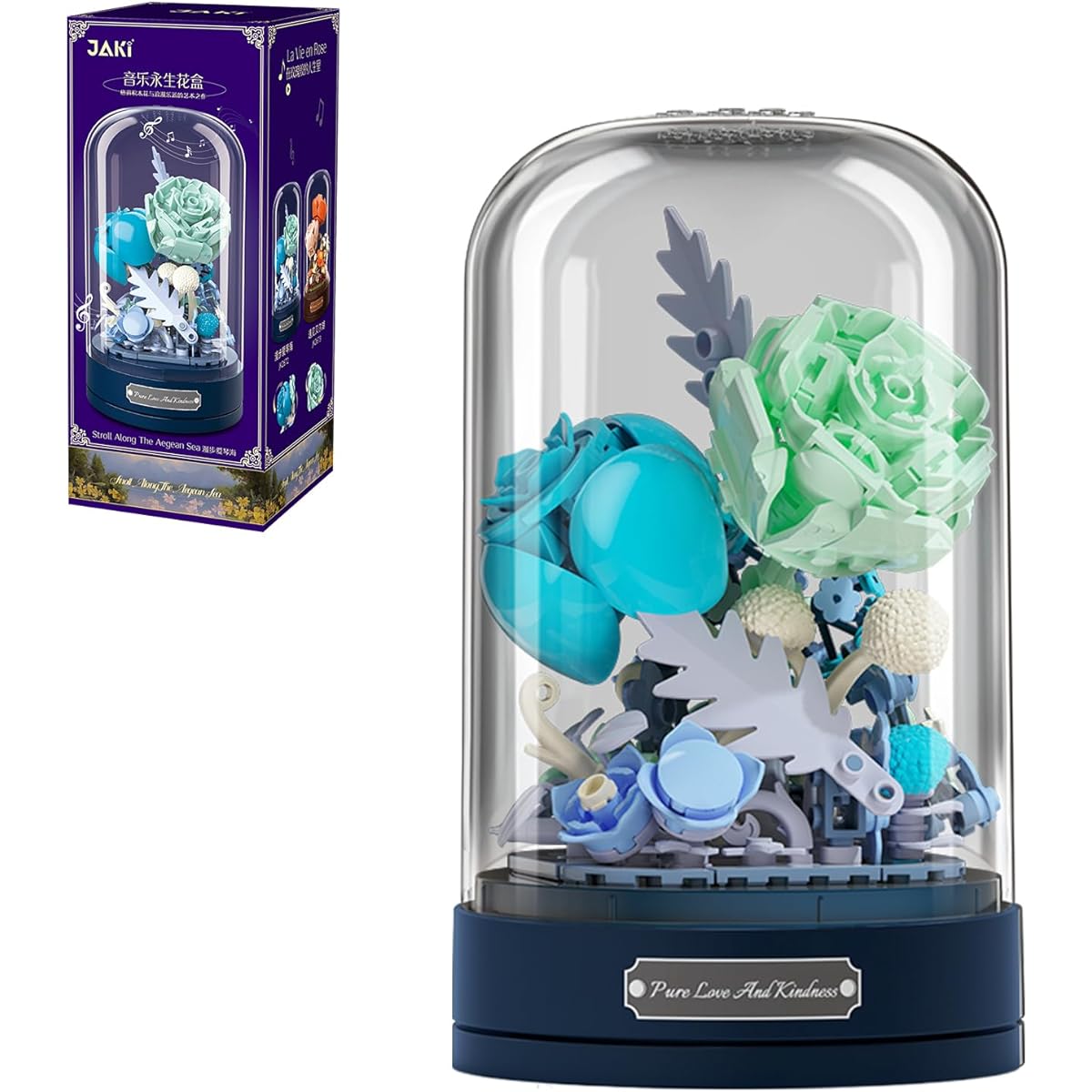 MEIEST Building Blocks Flower Bouquet Set with Music Box and Dustproof Dome, Artificial Particle Flower Collection, Building Blocks Toys, Home Decoration (Blue)