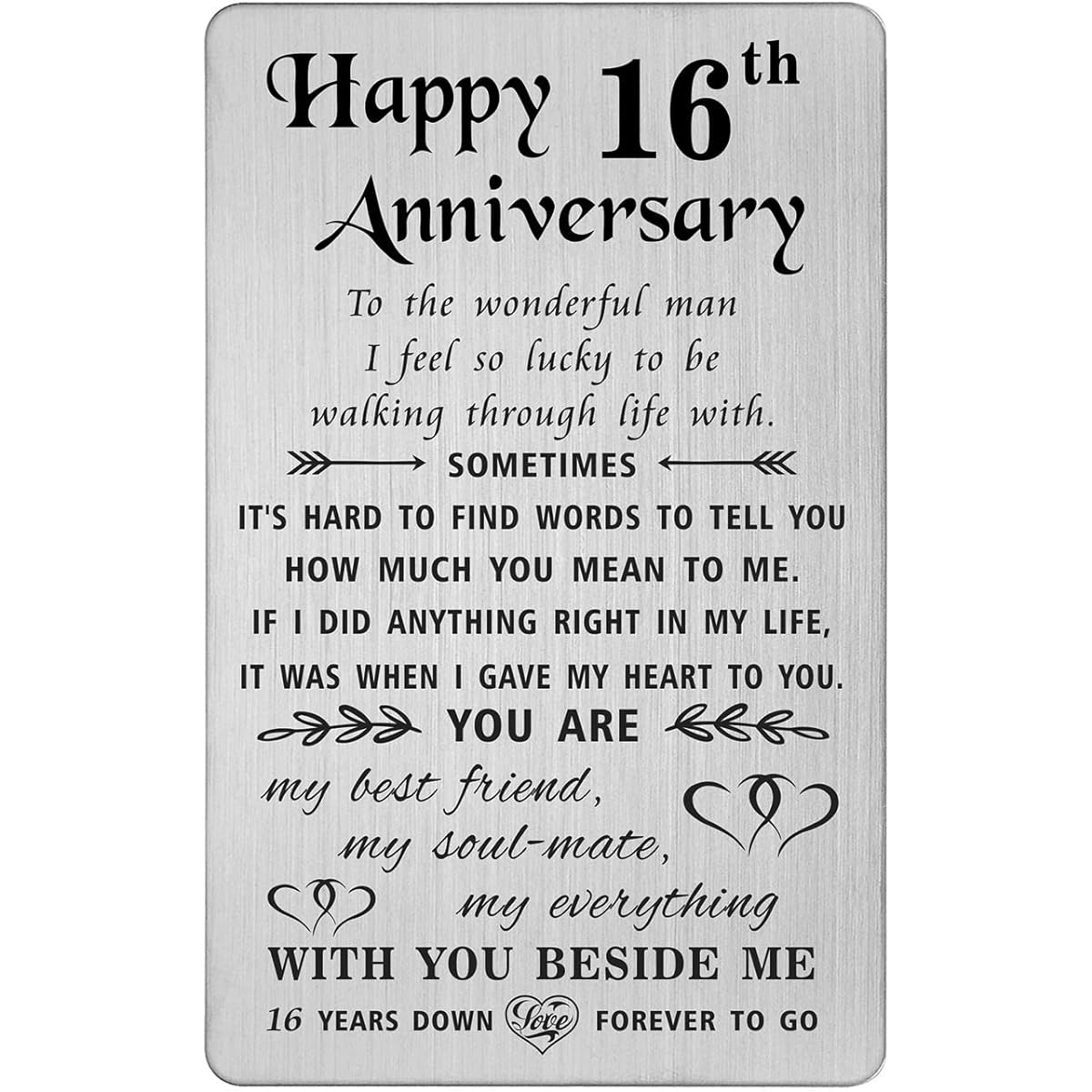 TANWIH 16th Anniversary Card for Husband - 16 Years Down Forever to Go - 16 Years Wedding Anniversary Card Gift for Men Engraved Metal Wallet Card