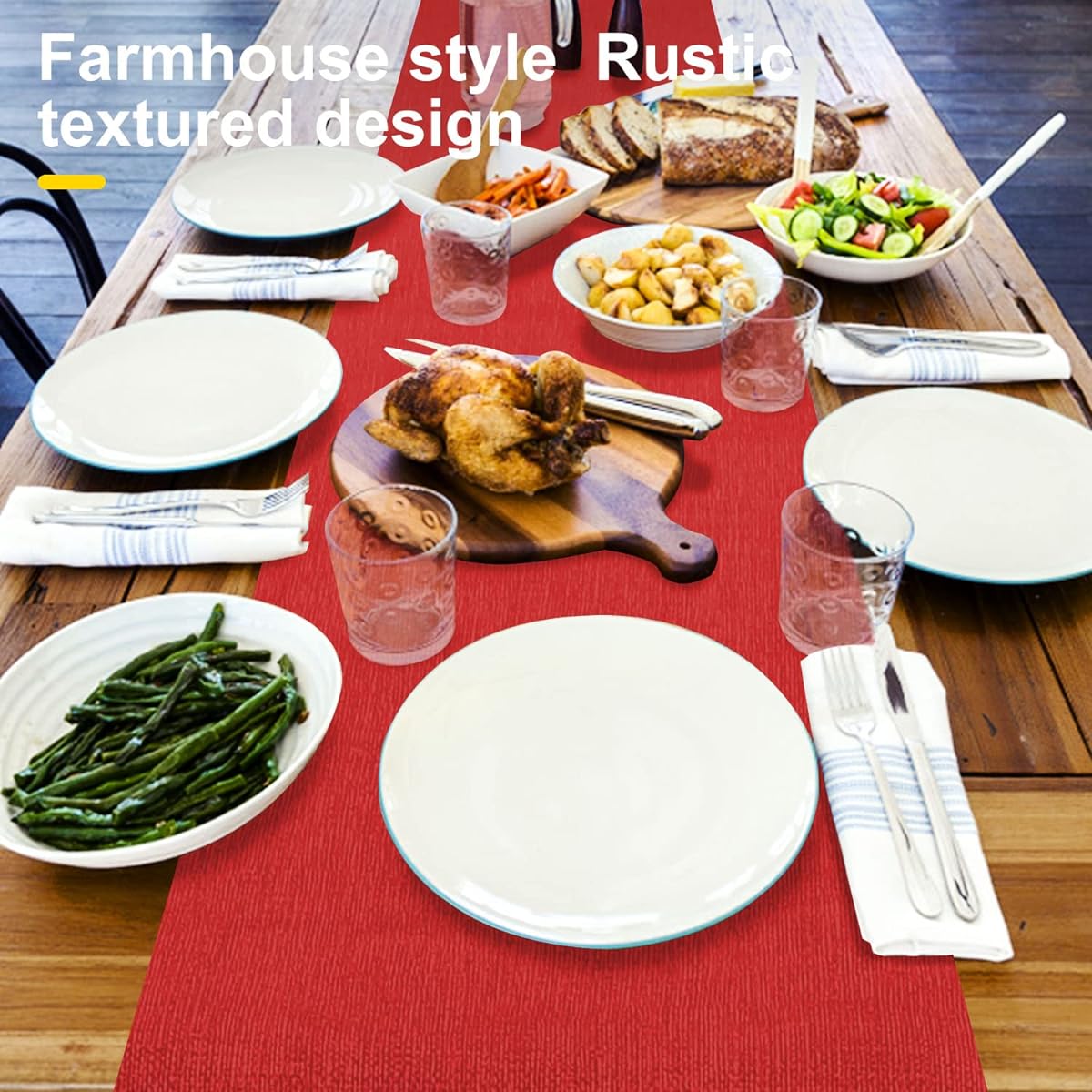 Rinpon PU Farmhouse Table Runner Waterproof Thick Rustic Table Runner Durable Pastel Table Runner for Living Room Dining Room Kitchen Bedroom Dresser (Red)