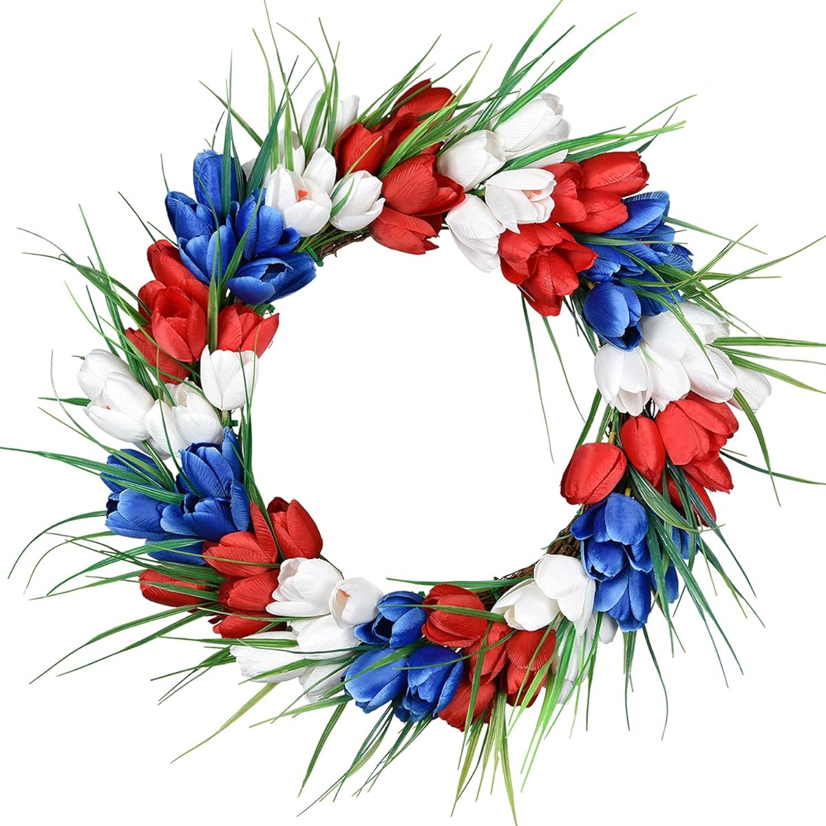 Lvydec Independence Day Tulip Wreath 17" Red White Blue Artificial Tulip Wreath for Entrance Porch Patriotic Wreath Decoration