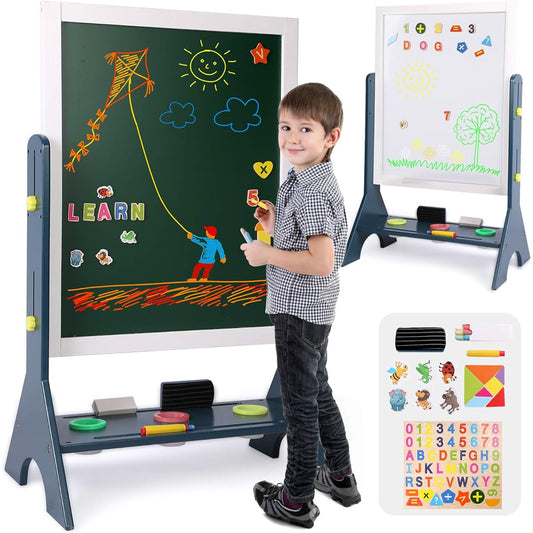 2-in-1 Wooden Art Easel for Kids, Double-Sided Magnetic Adjustable Standing Easel, Large Writing and Drawing Whiteboard & Chalkboard, Magnetic Letters and Numbers Accessories, for Boys and Girls