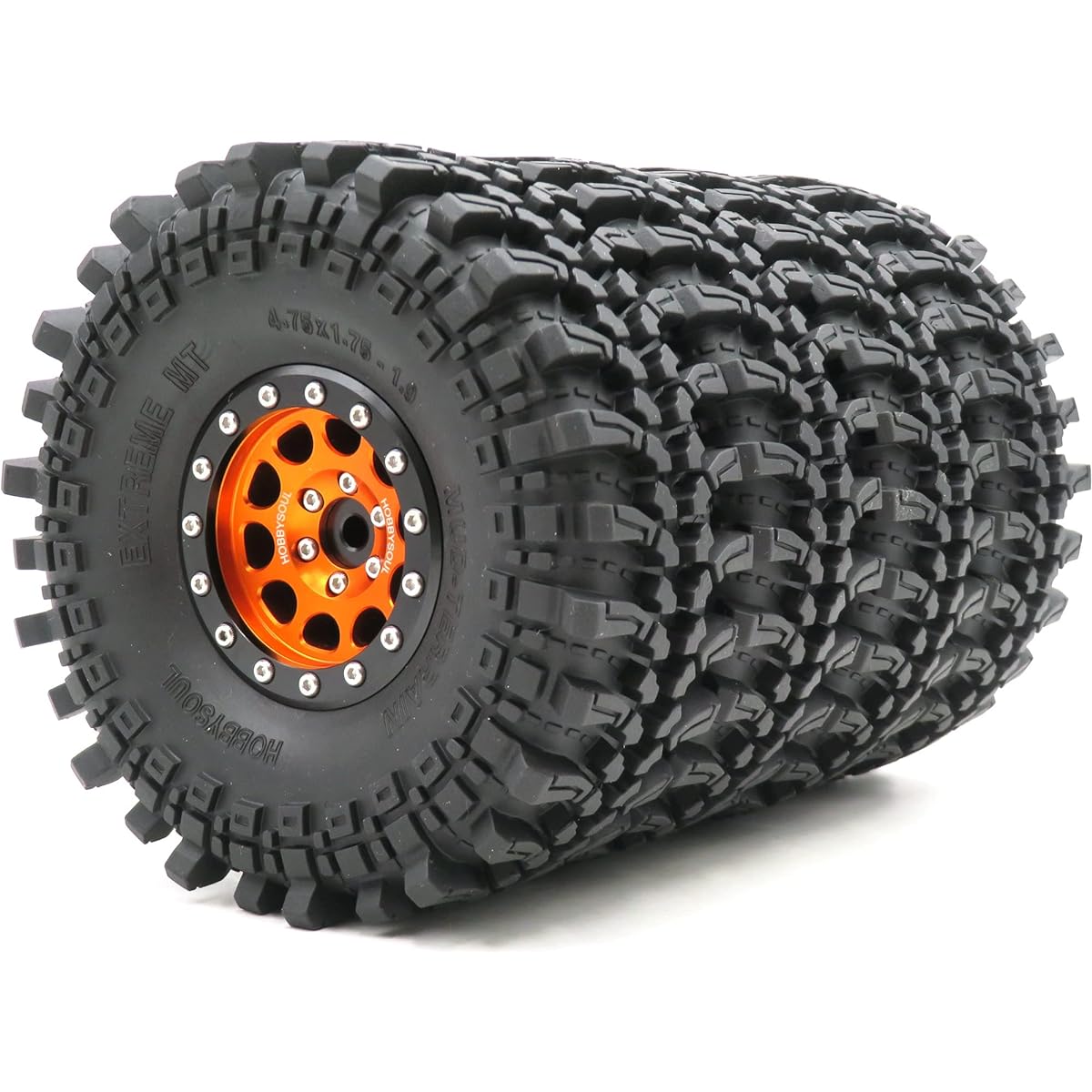 HOBBYSOUL RC 1.9 Mud Terrain Tires Super Grip Soft Crawler Truck Tires 121mm/4.75" & Aluminum 1.9 Beadlock Wheel Rims Hex 12mm Orange/Black (Pre-Mounted) 4pcs