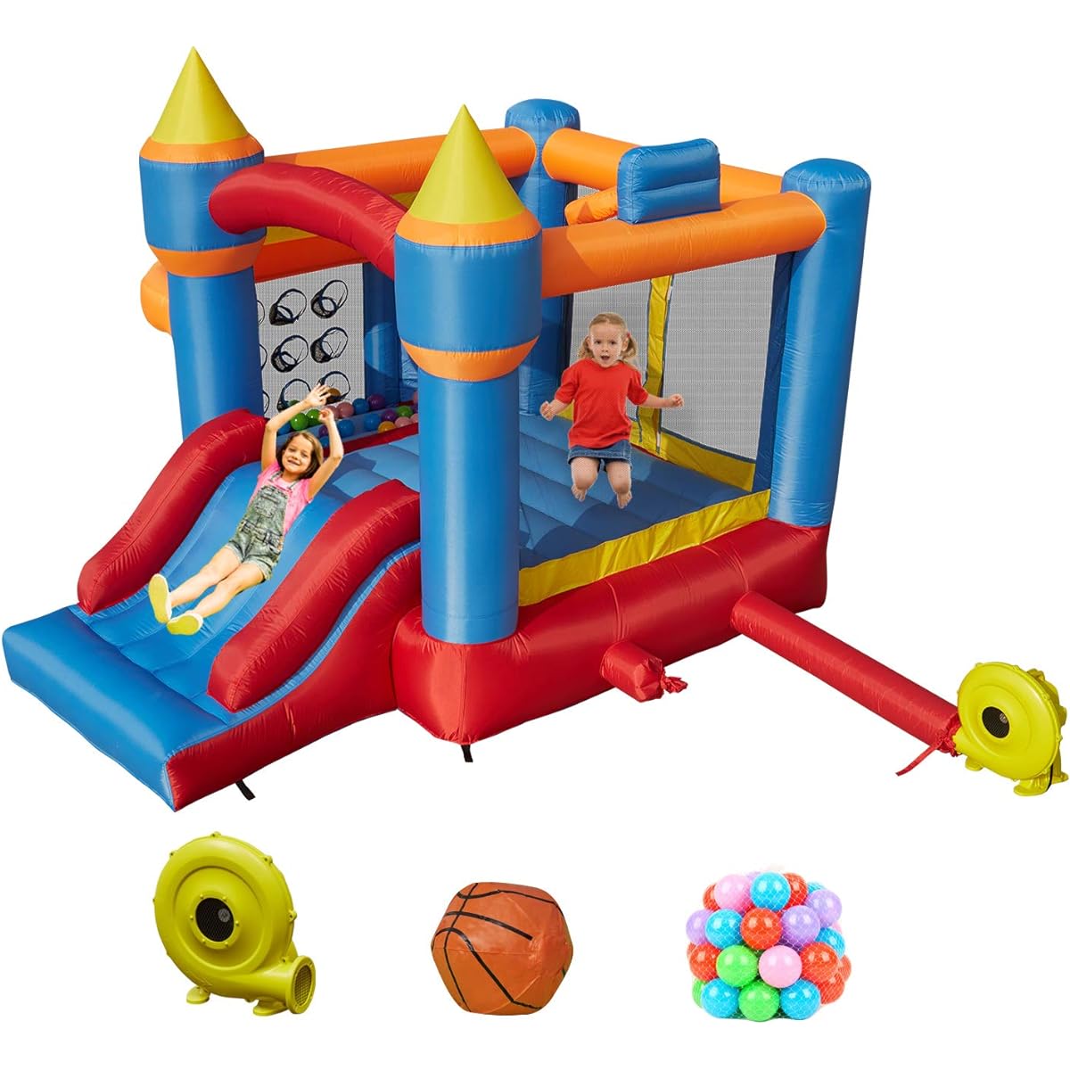 Inflatable Bounce House for Kids with Slide Jump Castle, Blower Basketball Rim, Ocean Ball Pit, Carry Bag Repair Kit, Stake Hose (Includes 680W Blower)
