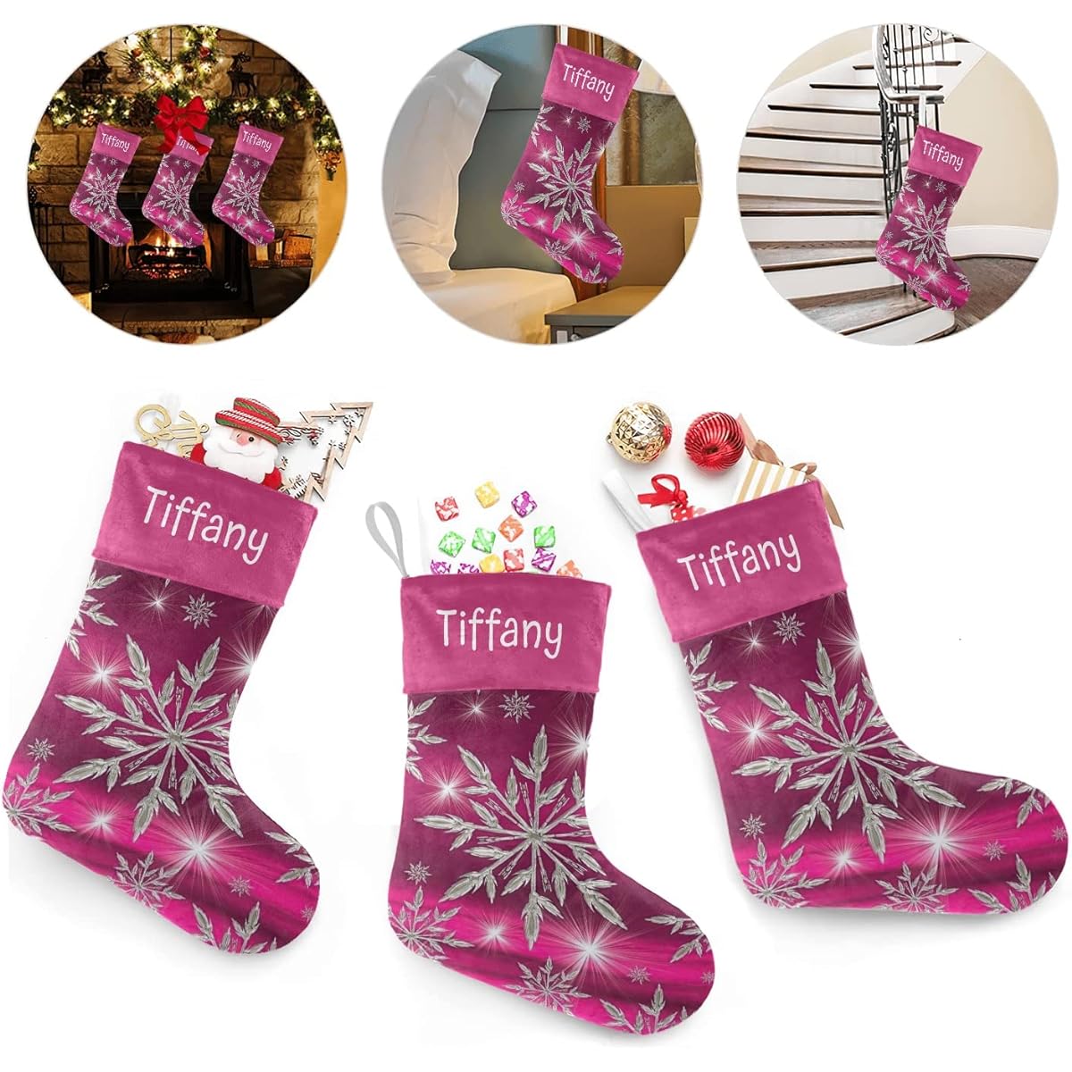 XOZOTY White Snowflake Personalized Christmas Stocking for Boys Girls Pets Christmas Gifts 17.52 x 7.87 Inch