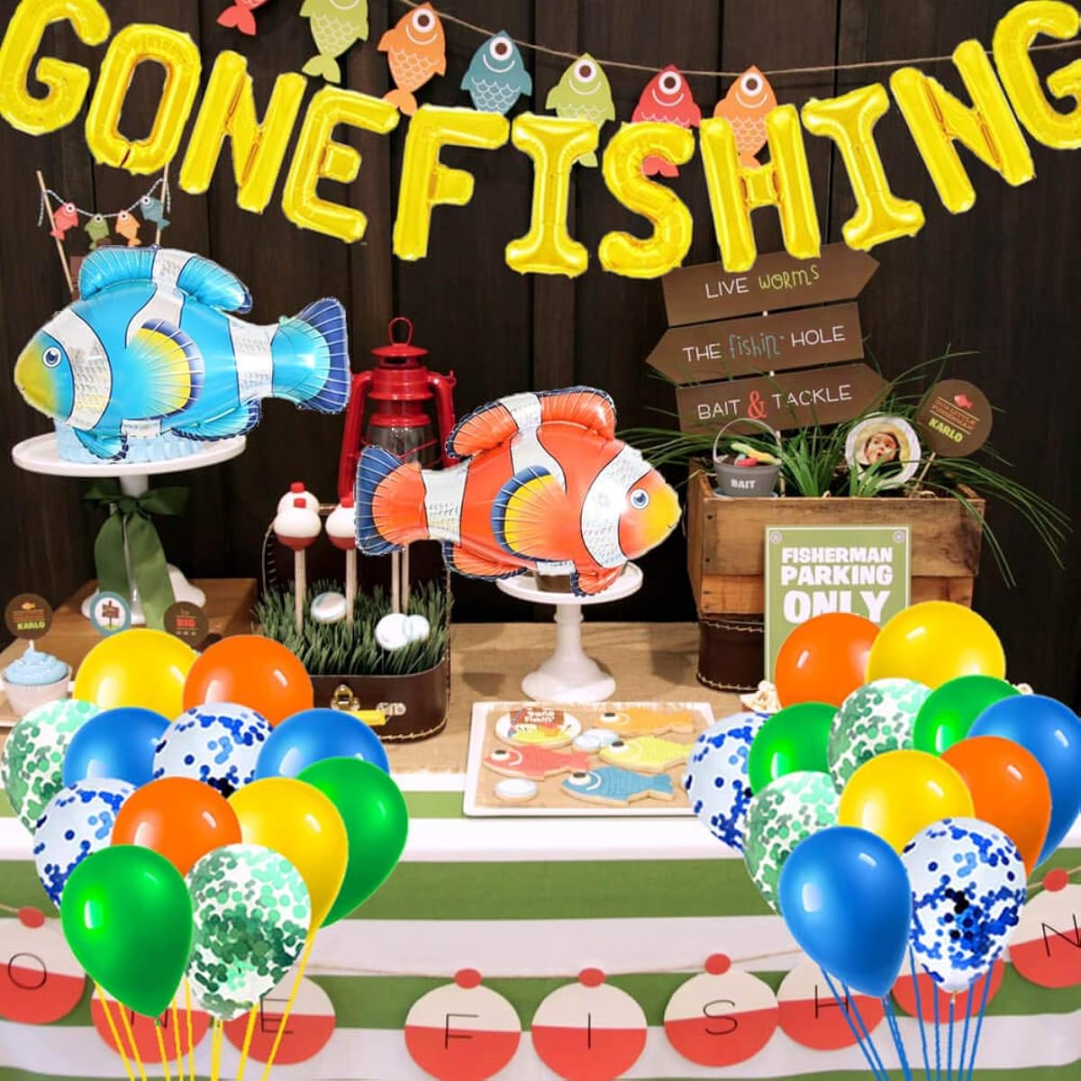 Gone Fishing First Birthday Party Supplies,Gone Fishing Balloons,Little Fisherman Banner,Big One Cake Topper,O Fish Ally One Cupcake Toppers,Fishing Theme 1st Birthday Party Supplies Decorations