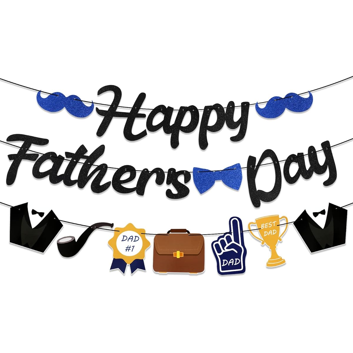 HOWAF Father's Day Black Glitter Banner Happy Father's Day Party Backdrop Banner Decoration Glitter Garland Banner for Dad's Birthday Party Favors Photo Booth Supplies