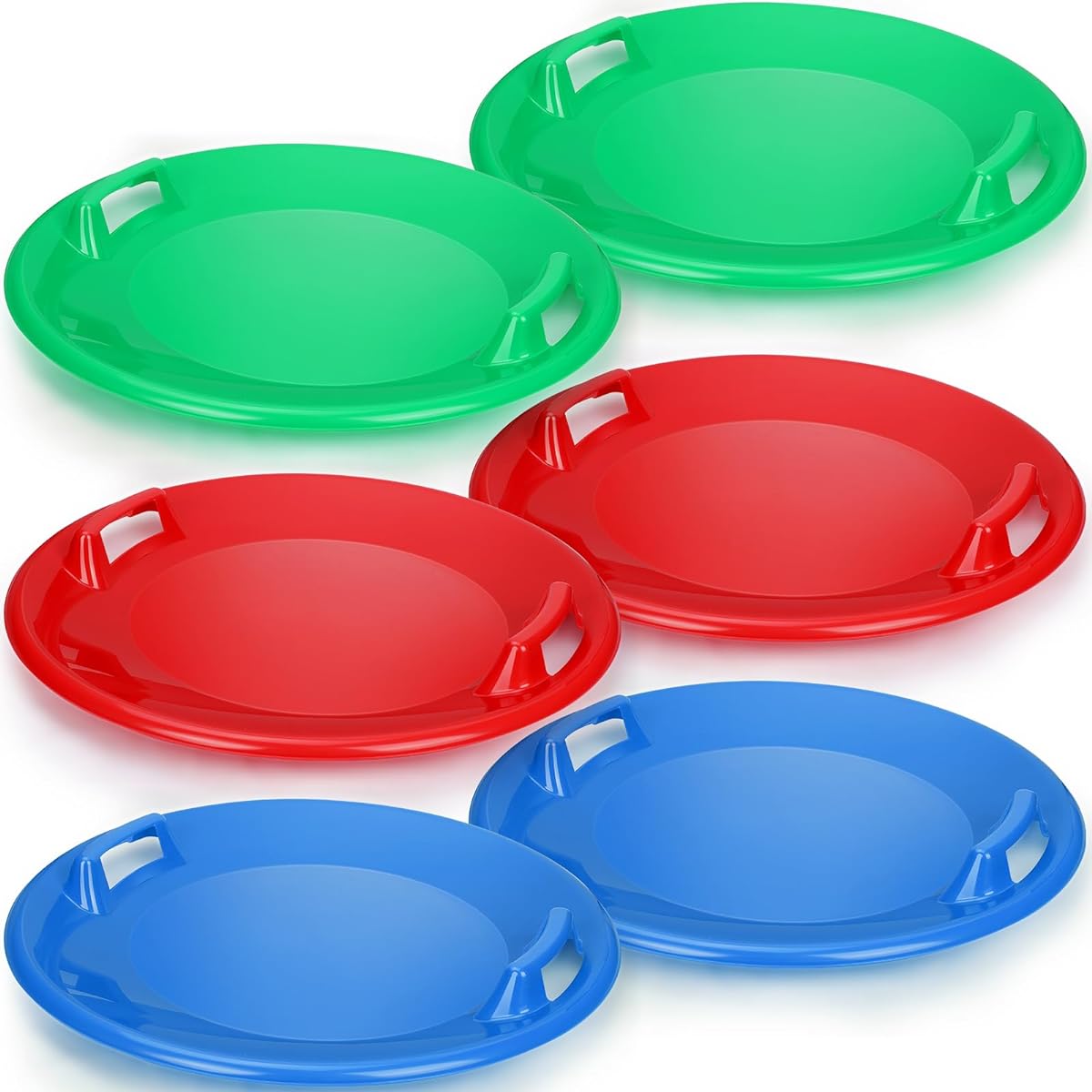 Lenwen 6pcs 25.2" Winter Snow Sleds with Handles, Heavy Duty Outdoor Snow Pan Sled Round Plastic Sled Sleigh Downhill Saucer for Kids Adults Cold Weather Sports Red Blue Green
