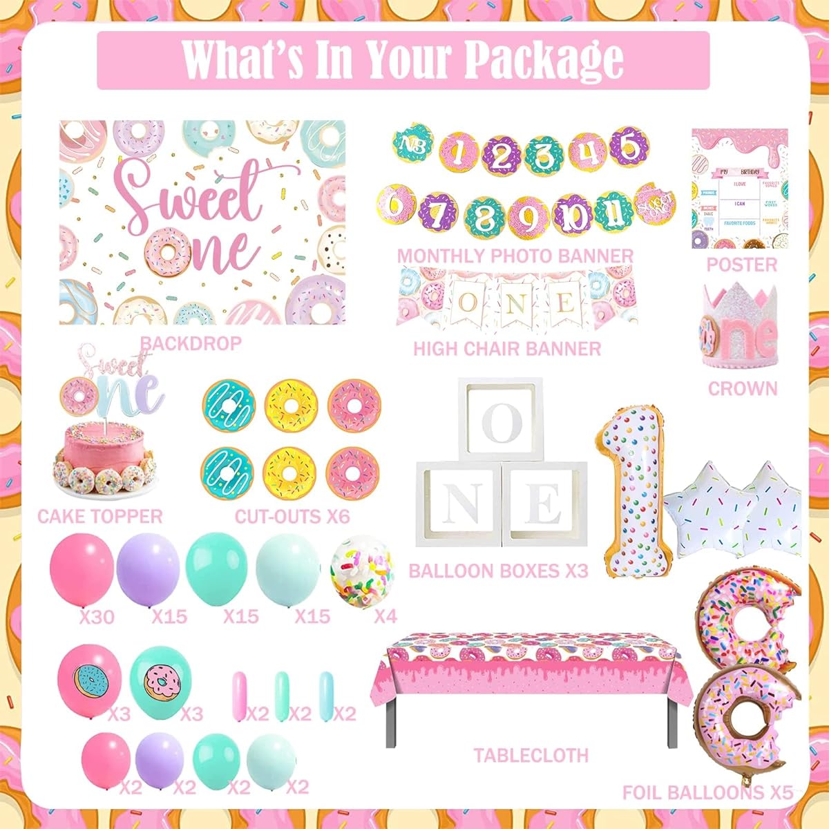 Fiesec 1st Birthday Party Decorations, 127 Pieces Donut 1st Party Decorations for Girls Backdrop, Balloons, Garland, Monthly Photo, Highchair, Banner, Tablecloth, Cake Topper, Box, Cutouts, Crown Poster