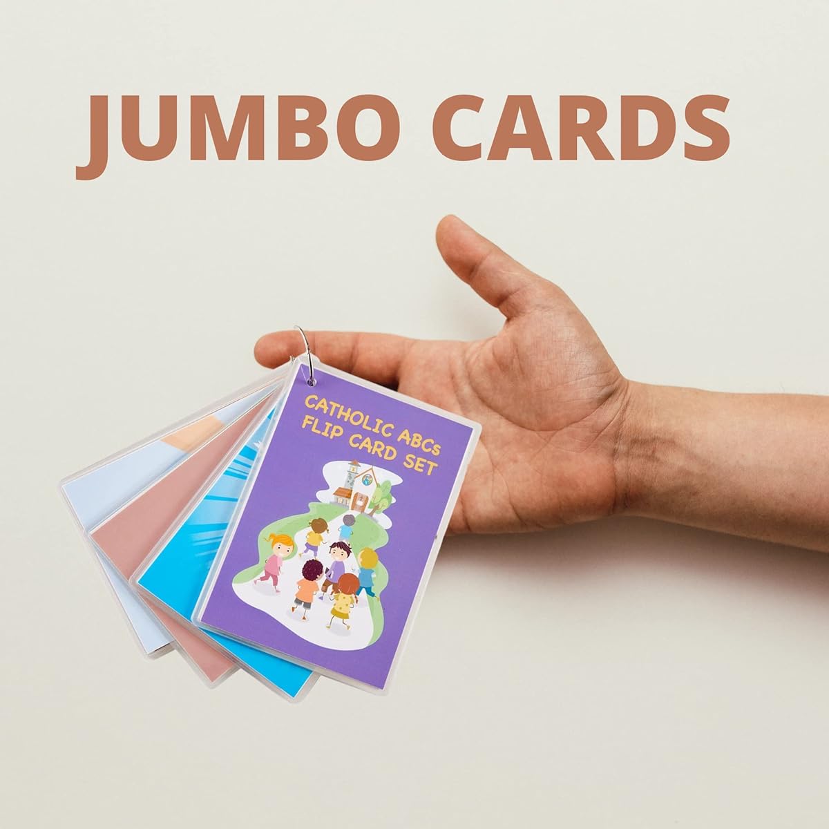 Catholic ABC Jumbo Flip Cards with Keyring, Educational Flash Card Set for Religious Boys or Girls, On the Go Activity, 54 Pack