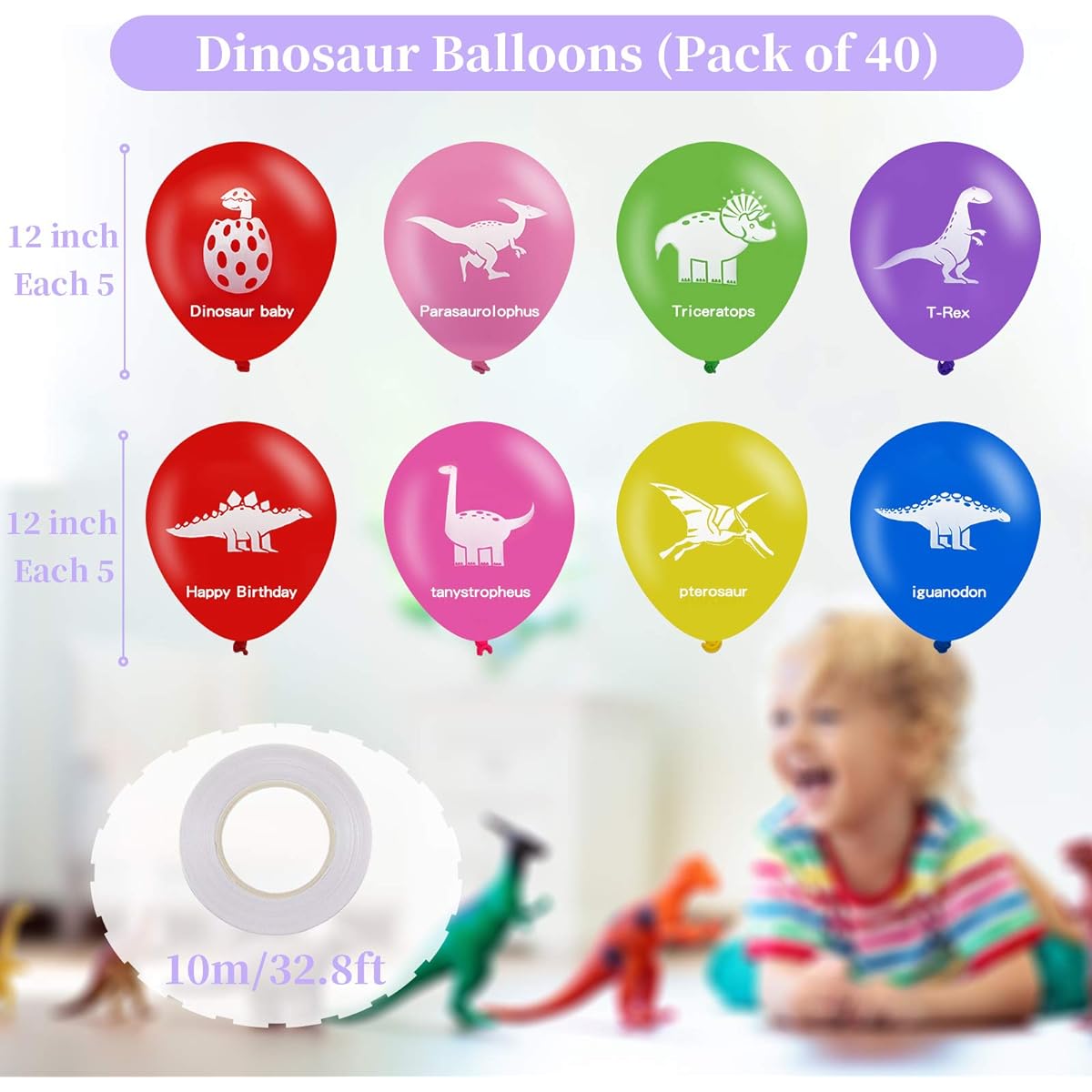 40 Pieces Dinosaur Theme Latex Balloons Birthday Boy Party Supplies Decoration with 10 Meter White Ribbon