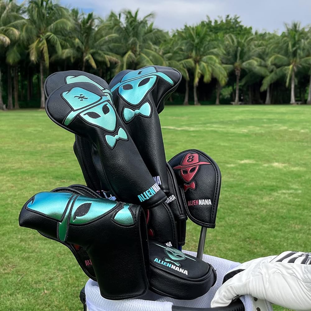 Golf Club Head Cover Golf Wood Cover Set Golf Driver Cover Fairway Wood, Utility, Hybrid Head Cover Aliennana Made of High Quality Leather for Women Men's Black Gold Stylish