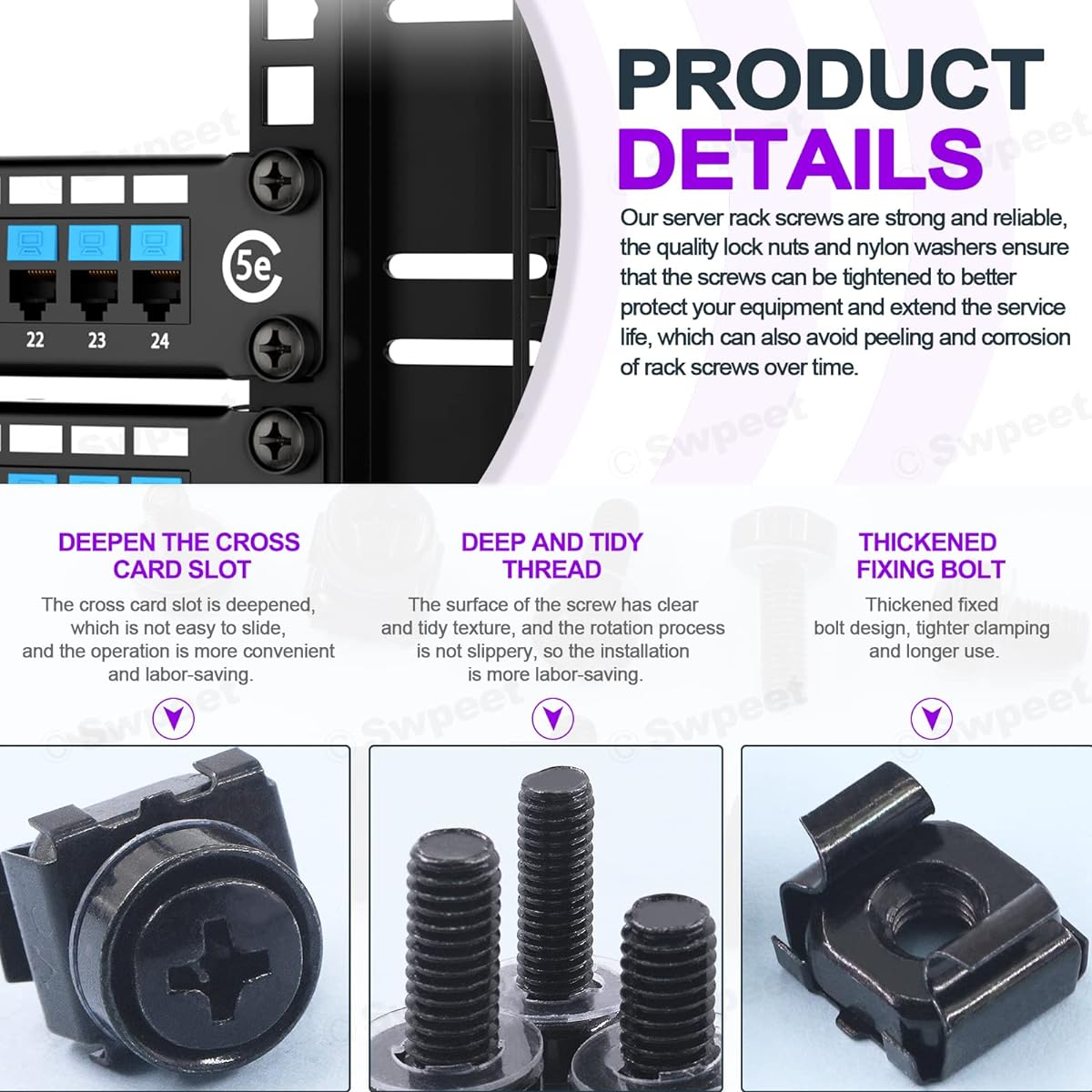 Swpeet 80 Pack 4 Sizes M5 M6 Black Computer Mount Cage Nuts and Screws Metal & Plastic Washers Assortment Kit Square Hole Hardware Cage Nuts & Mounting Screw Washers