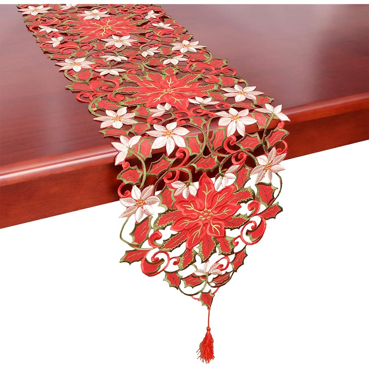 Simhomsen Large Embroidered Christmas Holiday Poinsettia Table Runner 13 x 108 Inch