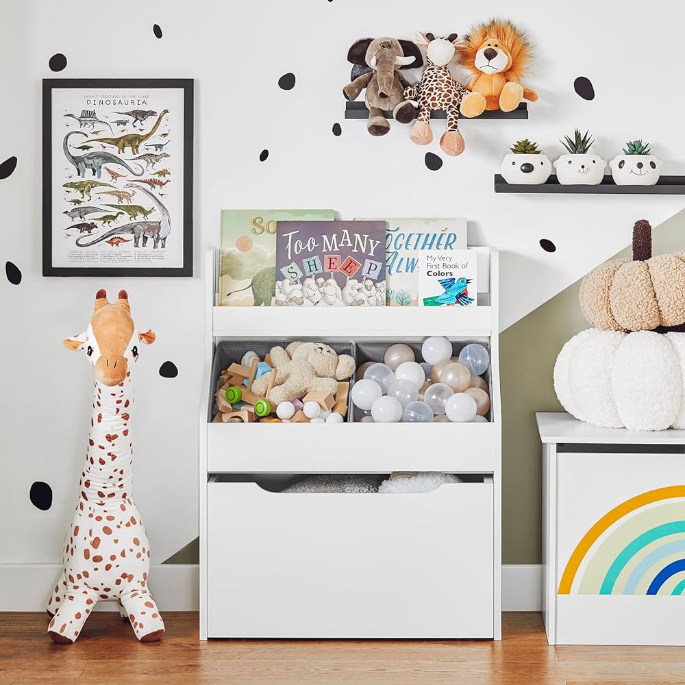 SoBuy Picture Book Shelf, Picture Book Rack, Toy Storage, Toy Box, Stylish, Width 63 x Depth 32 x Height 80 cm, Large Capacity, Box with Casters, Storage Shelf, Storage Case, Kids, Storage Box, Children's Shelf, Open Shelf, Children's Furniture (KMB71-W)