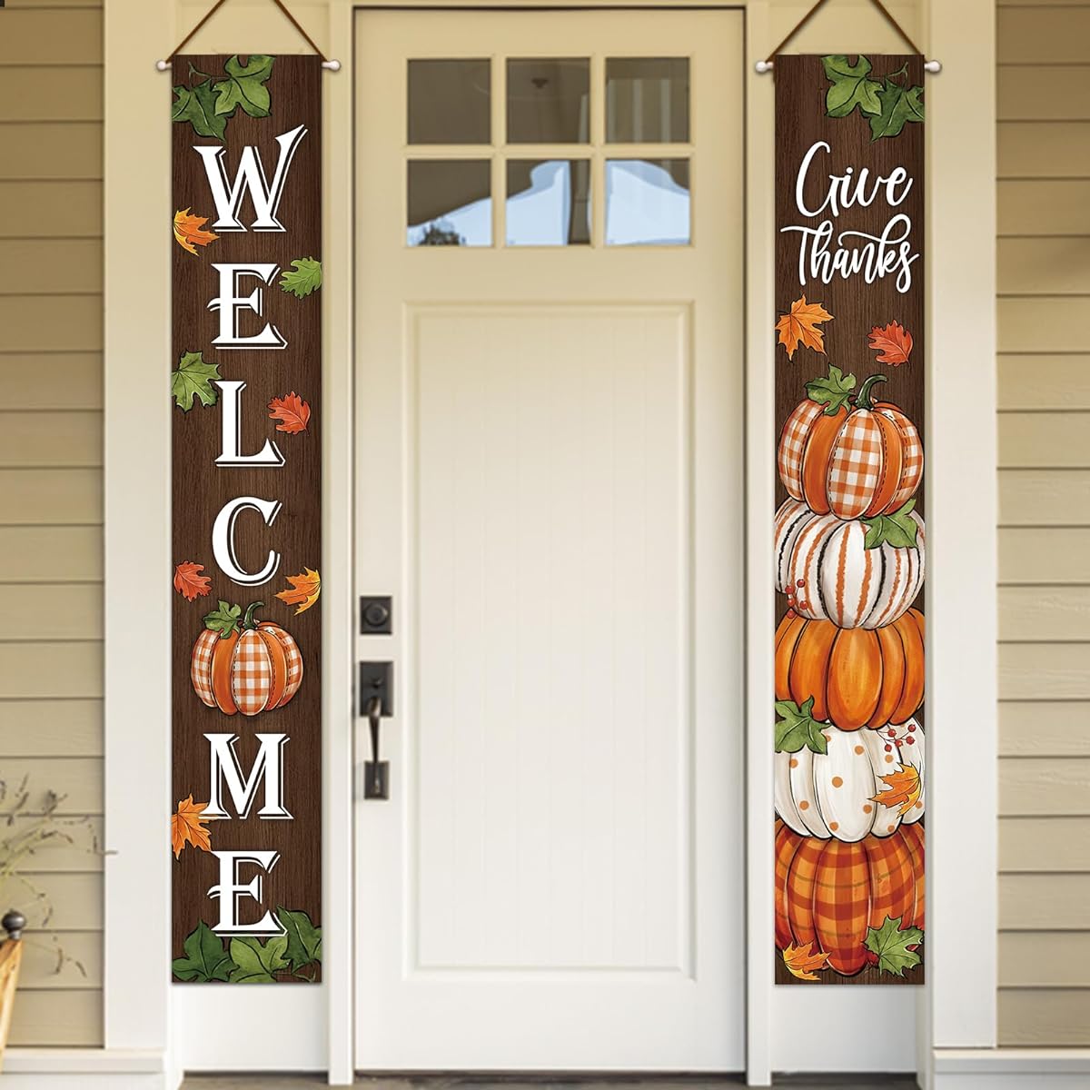 Deroro Thanksgiving Porch Banner Sign Fall Pumpkin Patch Maple Leaf Entrance Decor Hanging Welcome Banner Flag Fall Buffalo Plaid Farmhouse Decor Home Outdoor Garden Decor