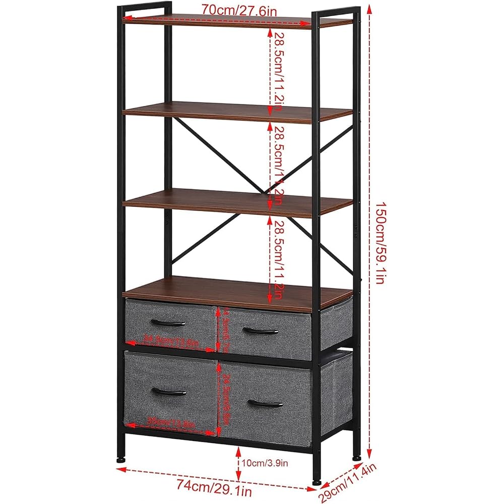 CJMM 4-Tier Bookshelf, Drawer Wooden Kitchen Shelf, Metal Storage Shelf, Living Kitchen Width Approx. 74 x Depth Approx. 29 x Height Approx. 150cm, Dark…