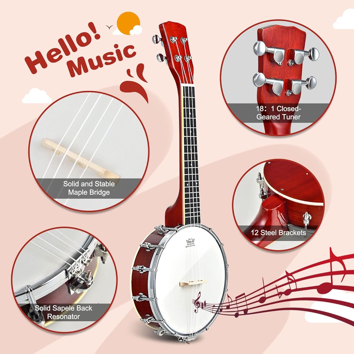 Costzon 4 String Banjo Concert 24" Closed Solid Back Banjo Ukulele with Gig Bag Polish Clothes Travel Resonant Banjole Kit for Kids & Adults Beginners and Experienced Players Sapele Wood