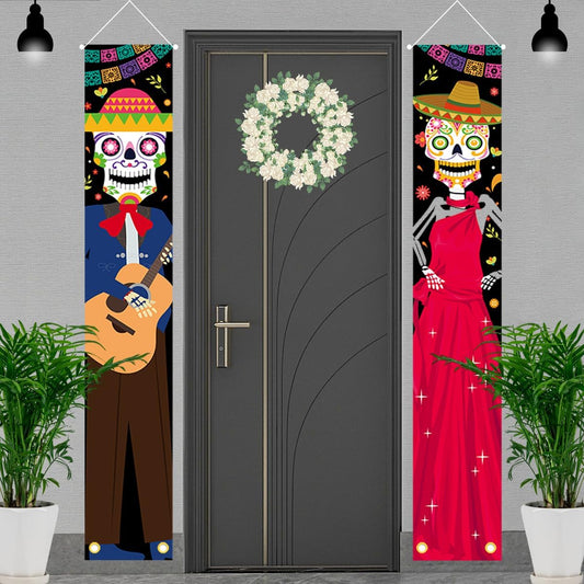 ASOONYUM 2 Pieces Mexican Day of the Dead Porch Sign Banner Party Decorations Supplies Cinco de Mayo Door Banner Dia De Muertos Halloween Mexican Fiesta Decorations for Indoor Yard Outdoor