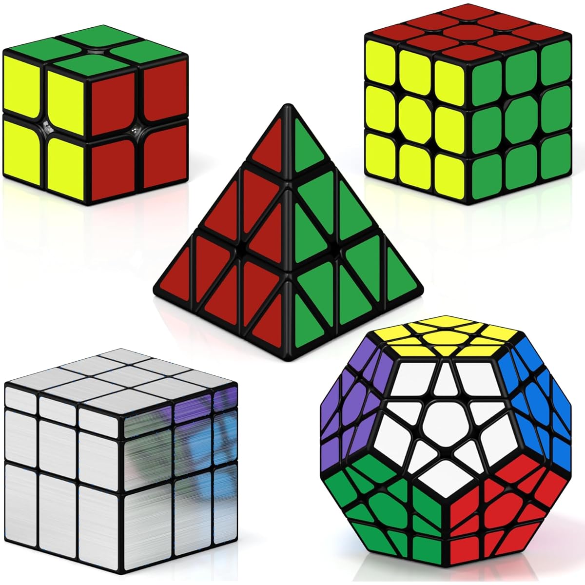 Roxenda Speed Cube Set, Speed Cube Set 2x2 3x3 Mirror Megaminx Cube and Pyramid Cube Set, Smooth Magic Cube Collection for Kids & Adults [5 Pack]