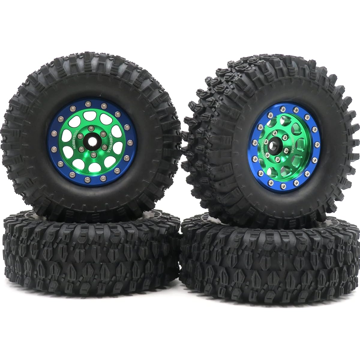 RC 4.25" Tall Soft 1.9 Tires & Aluminum 1.9 Beadlock Wheels Rims Hex 12mm Green & Blue for 1/10 1/12 RC Mud Crawler Truck Axle SCX10 90046 RC4WD D90 TF2 Tamiya CC01 (Pre-assembled)
