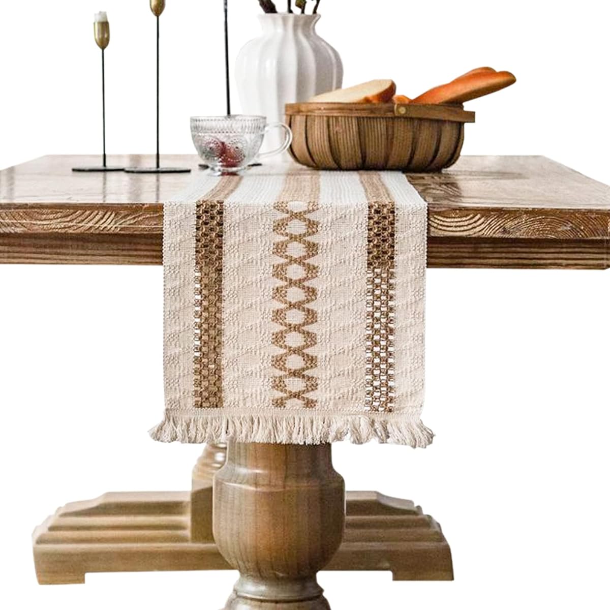 Burlap Table Runner Farmhouse Boho Long Table Runner Woven Cotton Linen Crochet Macrame Rustic Table Runner for Wedding Home Dining Christmas Table Decor (12" x 108")