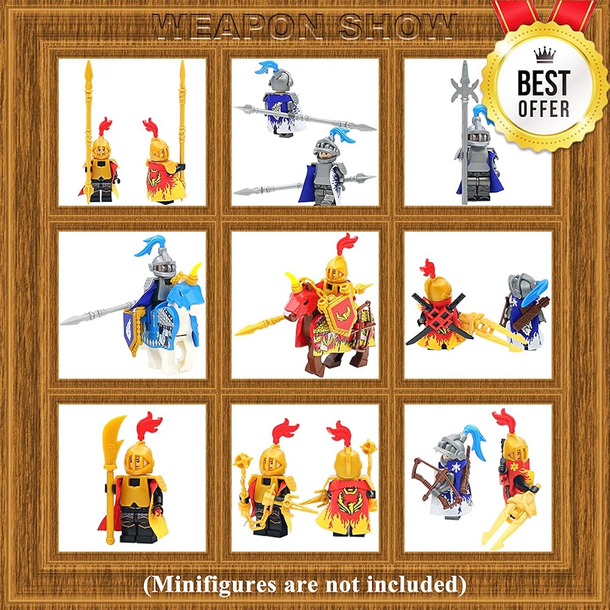 Nicolabe Weapon Pack for Minifigures Knight Weapon Set Accessories Kit Armor Helmet Cloak Shield Barding Horse Compatible with All Major Brands (Medieval Weapons)