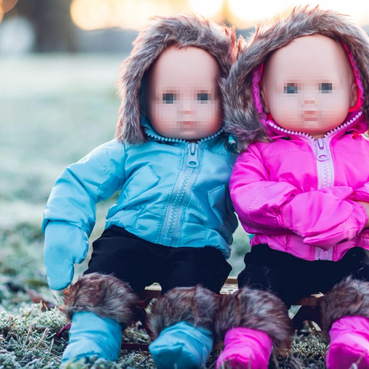 Set of two complete Bitty 15-inch baby dolls in twin pink & blue winter clothes. Two 6 Piece Outdoor Ski Outfits Fits Bitty Baby Twins