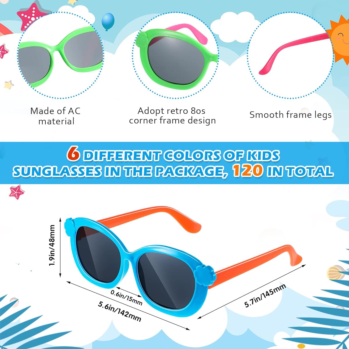 Macarrie 120 Pack Kids Sunglasses, Bulk Neon Sunglasses for Children, Plastic Toddler Sunglasses, Pool Party Favors, Halloween/Beach/Birthday Party/Pool/Wedding Party Supplies, Goodie Bag Favors