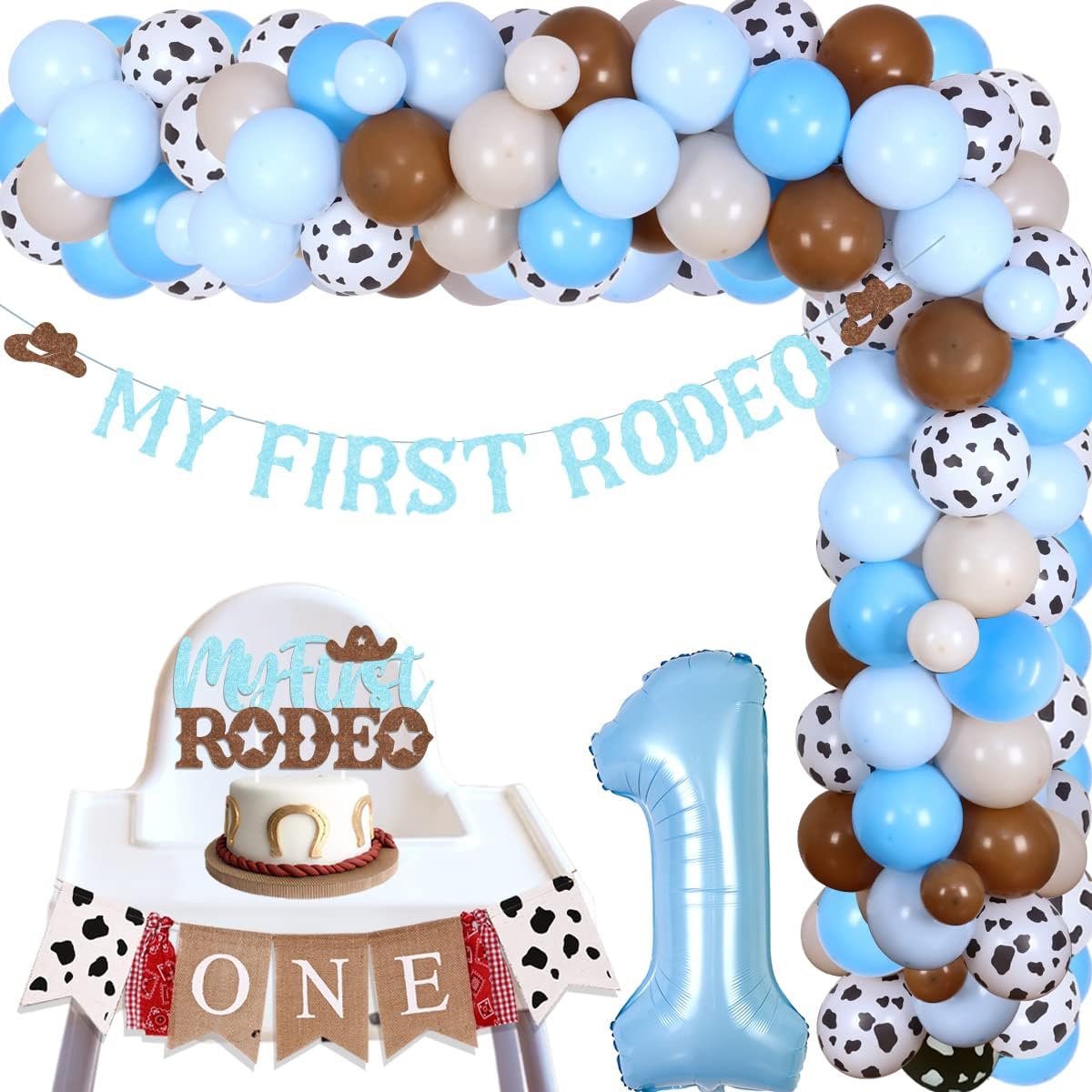 Cowboy 1st Birthday Decorations - 1st Rodeo Birthday Party Decorations for Boys Cowboy Balloon Garland Arch with Number 1 Foil Balloon, My First Rodeo Banner, Cake Topper for Cowboy Themed Party 1st Birthday