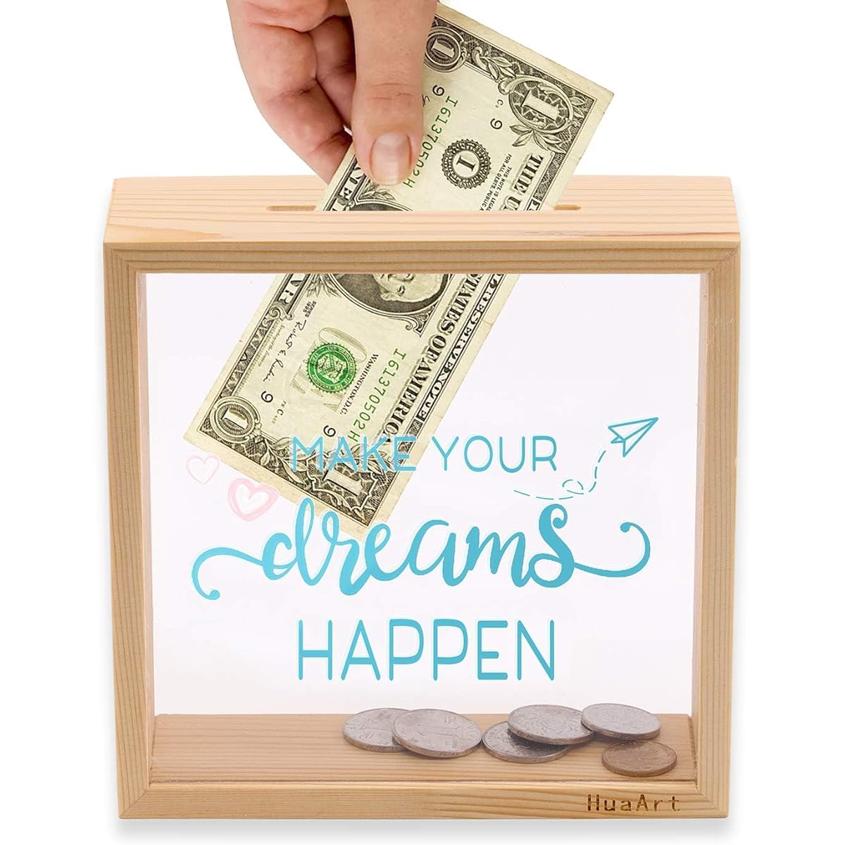 Piggy Bank for Adults Decorative Shadow Box Wood Framed Money Box Size 6.5x6.5x2.2 Inches Natural Wood Piggy Bank Printed on Plexiglas Front Make Your Dreams Come True