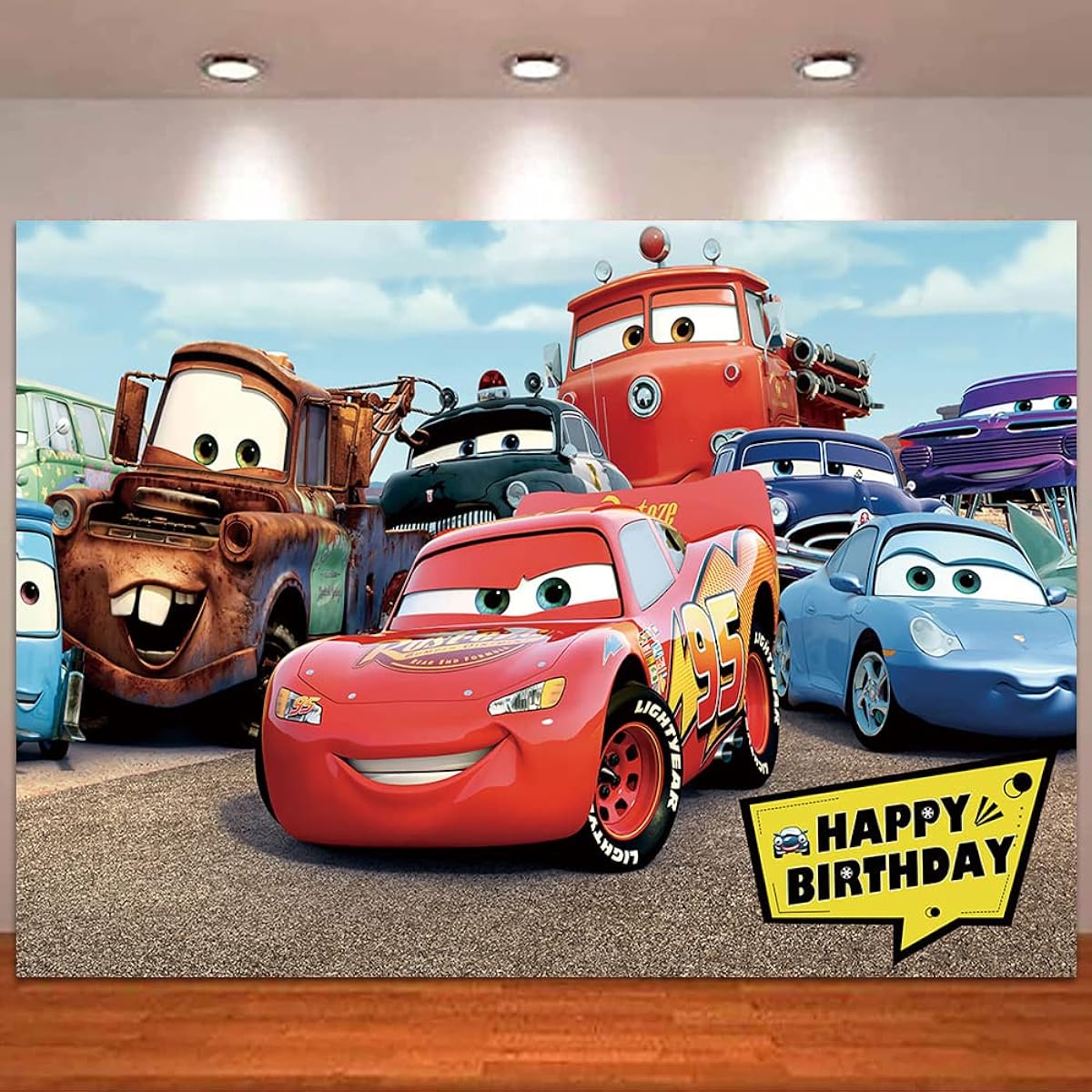 Cartoon Cars Birthday Party Theme Backdrop Clouds Blue Sky Public Road Photography Background 5x3ft Kids Happy Birthday Banner Baby Shower Photo Booth Studio Props Cake Table Decoration