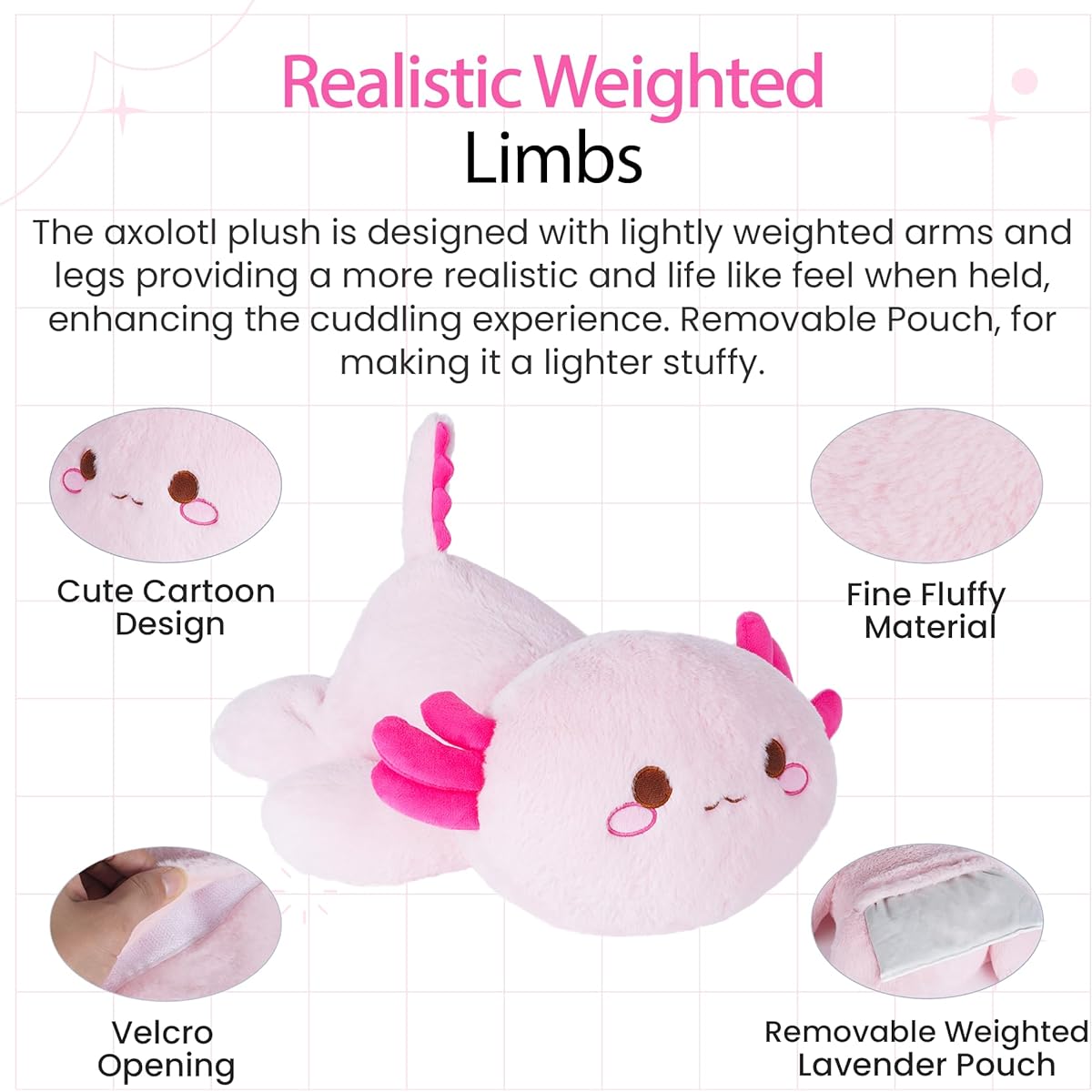 BE&O Creations Weighted Axolotl Plush with Lavender Scented Pouch - 17.7" Stuffed Animal with Calming Lavender for Kids and Adults (Pink)