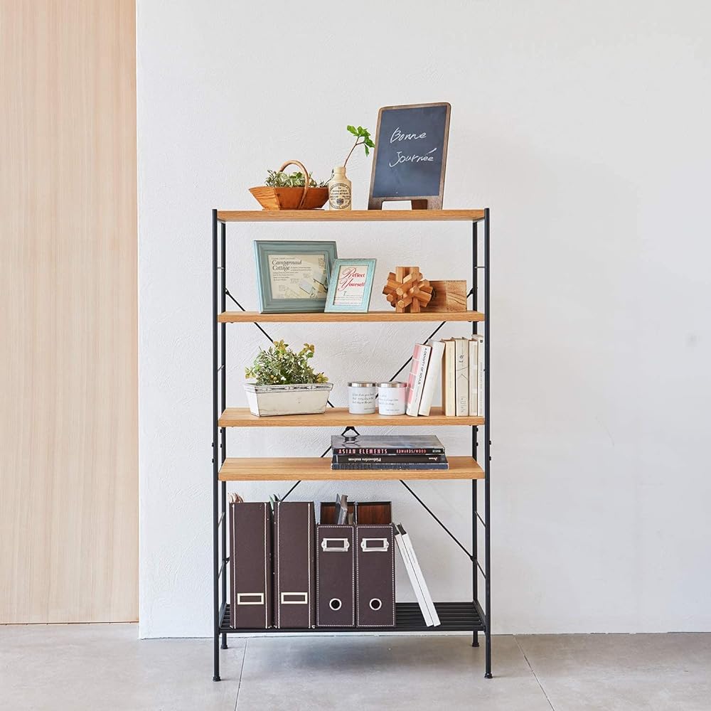 Shirai Sangyo Stylish open rack bookshelf that combines the softness of wood and the ruggedness of iron Natural brown Width 70.8 Height 118.9 Depth 29.9 cm RNT-1270 Rinatura