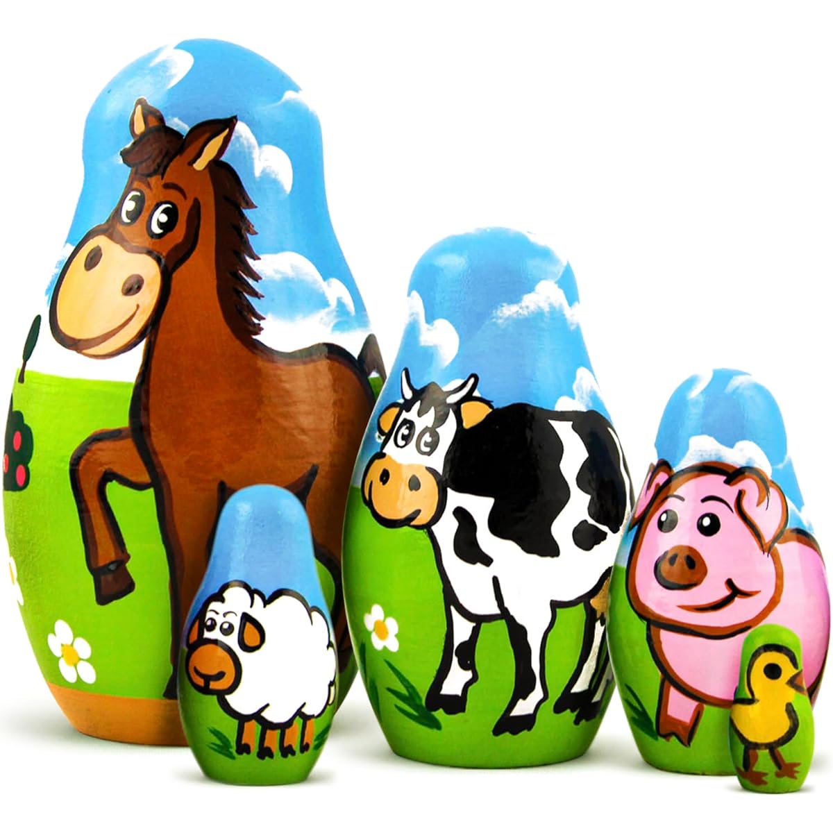 AEVVV Farm Animal Set Wooden Nesting Dolls 5 Piece Set - Pet Figurine Set Wooden Matryoshka