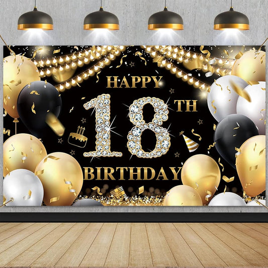 18th Birthday Banner, 18th Birthday Party Decorations, 18 Black Gold Birthday Backdrop, 18th Party Background for Boys Girls 18th Birthday Party Photo Booth Birthday Decorations 72.8 x 43.3 Inch