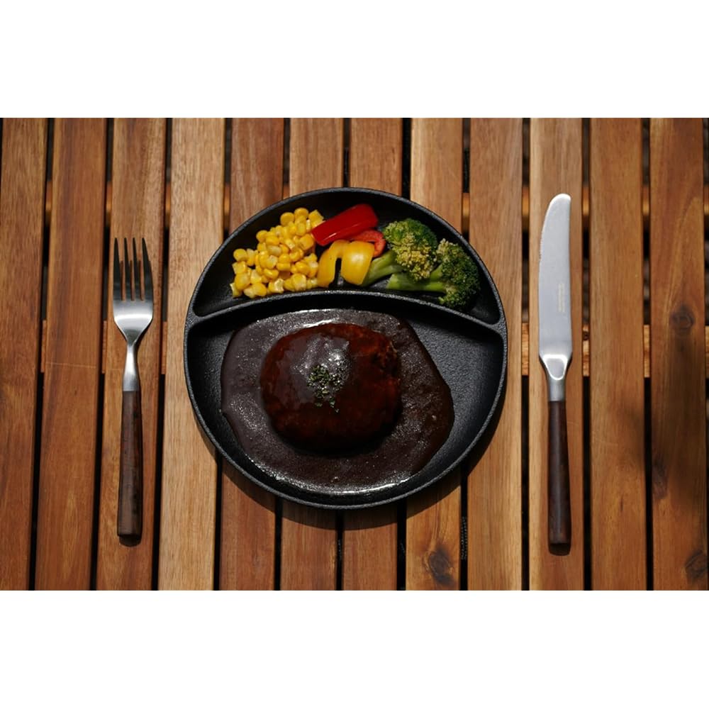 Ikenaga Iron Works Iron Plate Lunch Plate, Made in Japan, IH Compatible, Wooden Stand Included, 011428