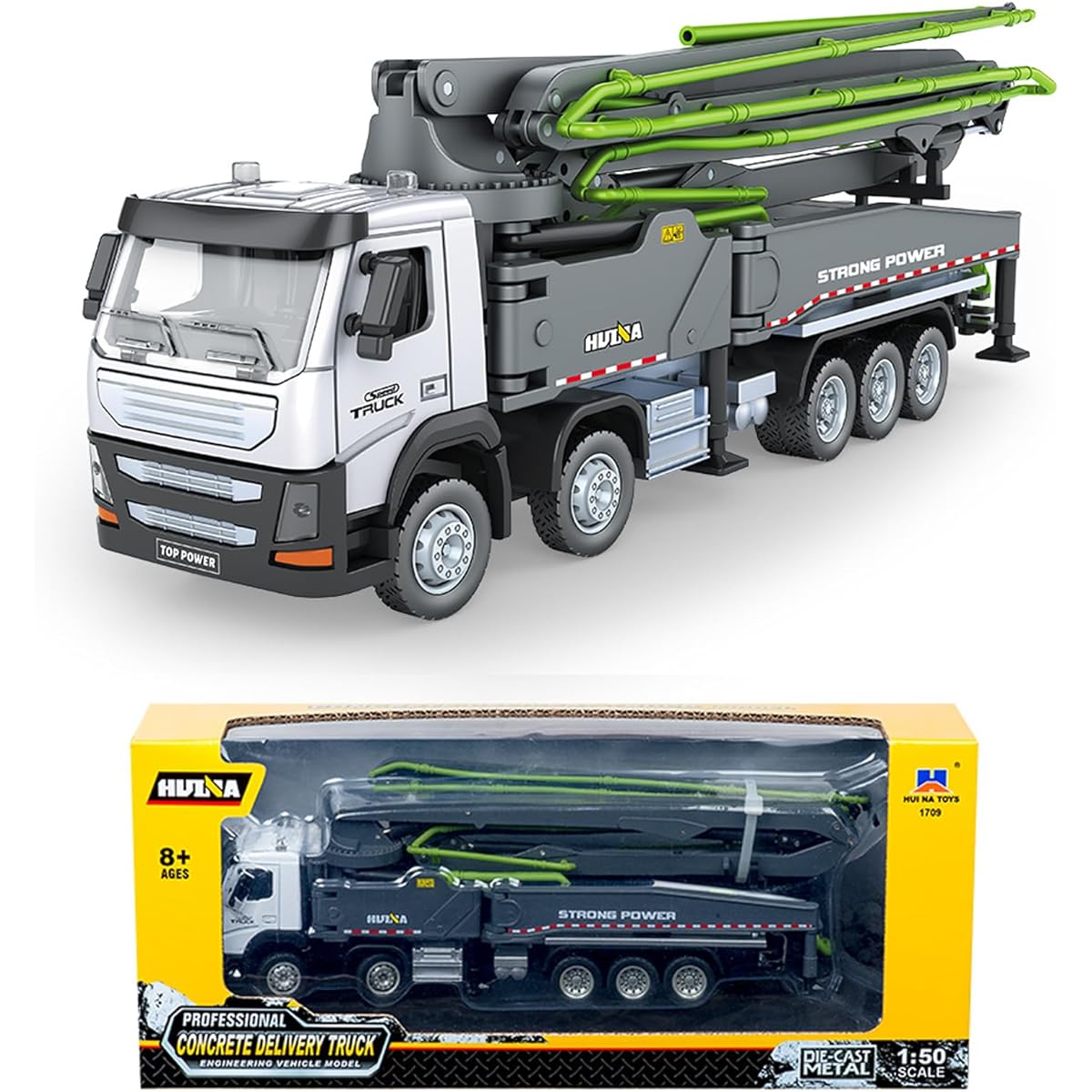 Gemini & Genius Concrete Pump Truck Alloy 1-50 Diecast Heavy Duty Wheeled Construction Vehicle Toy for Kids and Home Decor