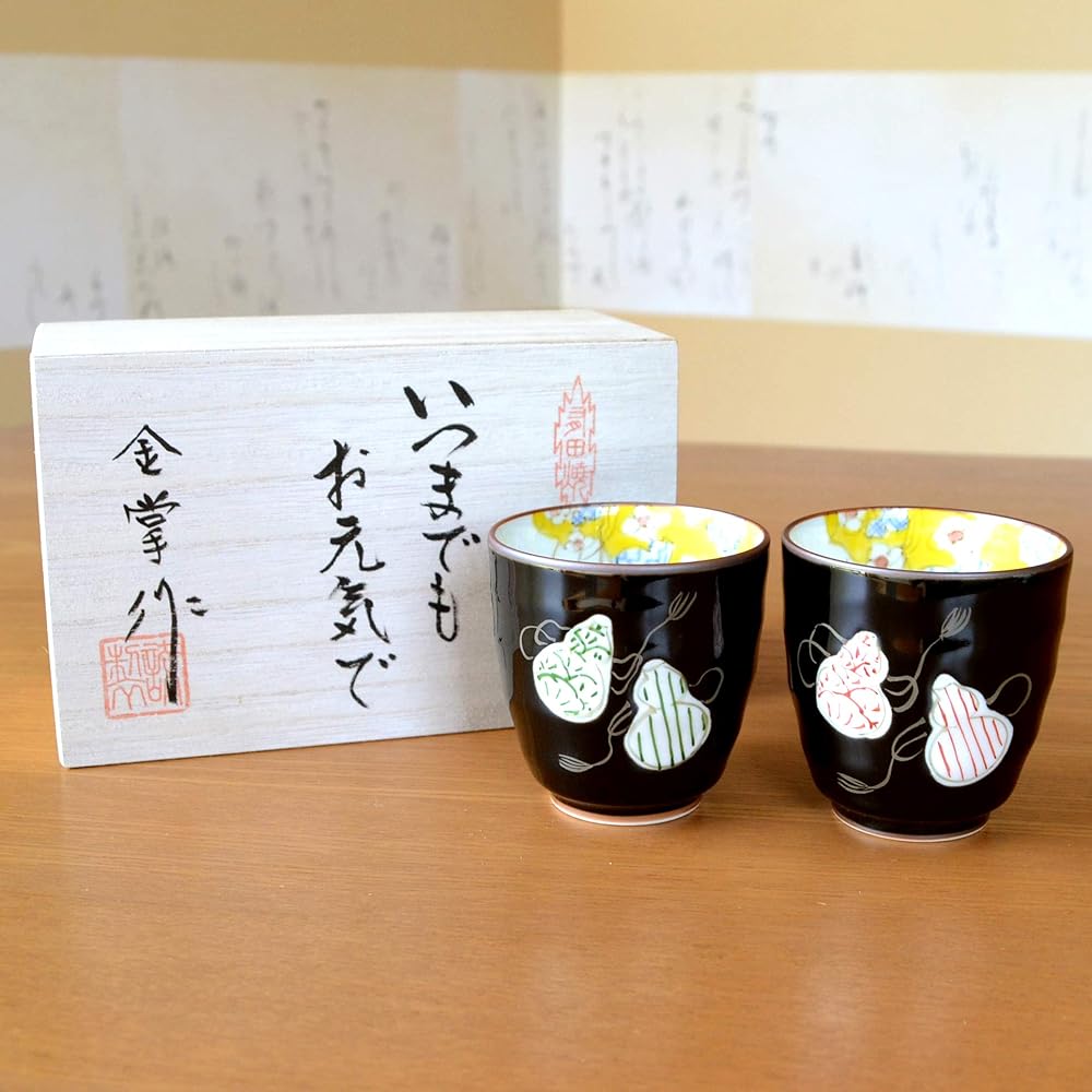 Boneju celebration gift, auspicious gift for good health, Arita ware teacup, pair, couple teacup, six gourd colors, Yoneju Noshi and message card included, in wooden box