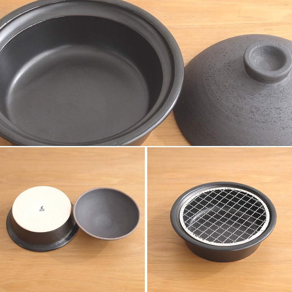 Kamoshika Dogu Store Kunsei Pot Smoker Set, 15cm, Made in Japan, Banko Ware, Lid, Wire Mesh, Comes with Cherry Chips, Household Sukiyaki Pot, Ceramic Kunsei Pot (Koburi)