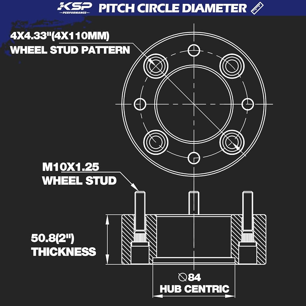 KSP 4x110mm 2 inch ATV Wheel Spacer Set of 2 Honda Yamaha Kawasaki Suzuki Bombardier Other 4 Lug Wheels (Thread Pitch M10X1.25 Hub Bore 84mm)