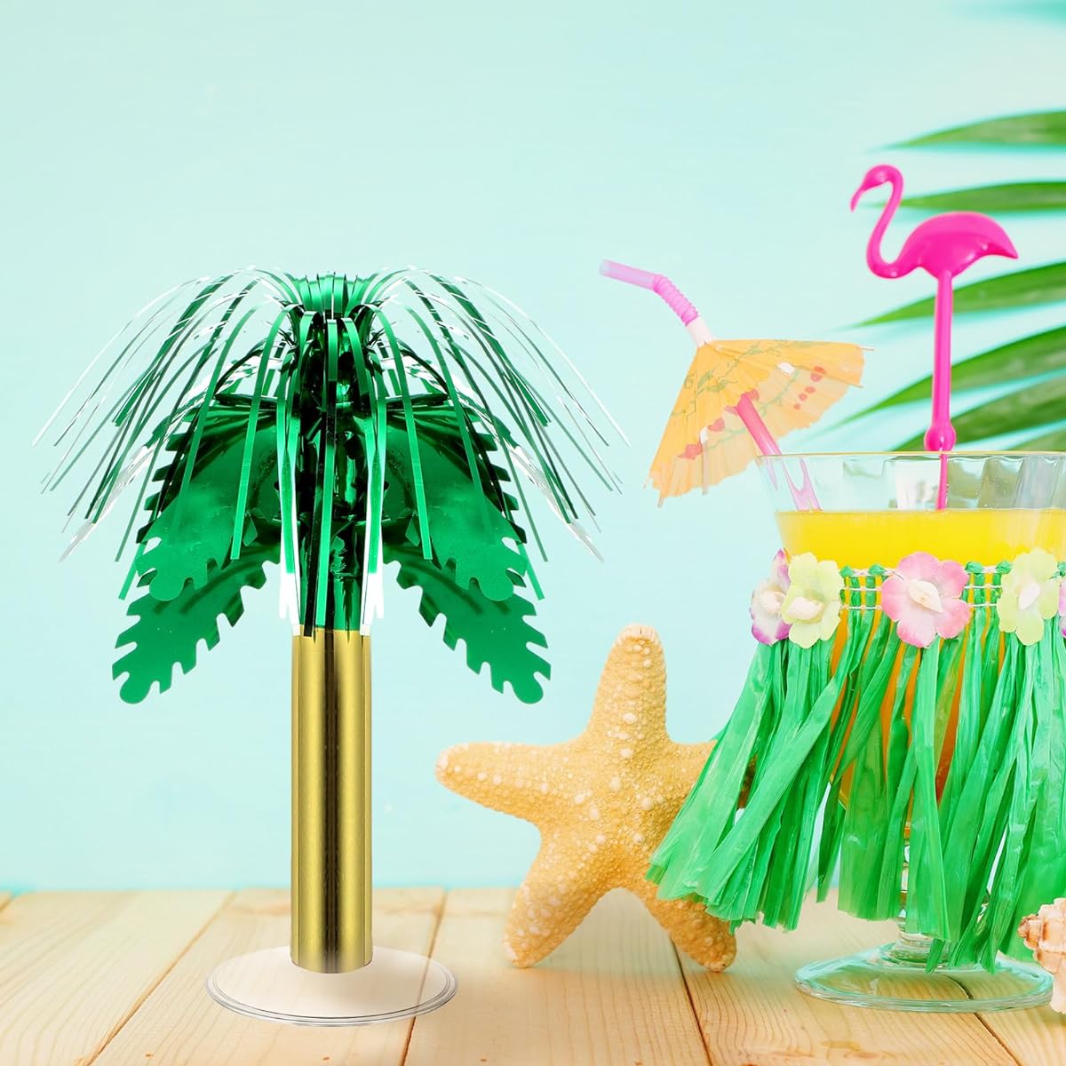 Therwen Palm Tree Centerpieces Hawaiian Party Supplies Mini Foil Palm Tree Table Decorations for Jungle Safari Luau Summer Pool Beach Party (16 Pieces)