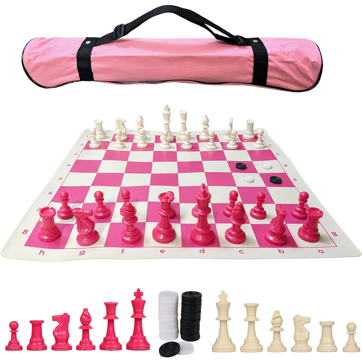 GETORIUM Tournament Chess Set: Portable Chess & Checkers Set, Plastic Staunton Chess Pieces with Carry Bag (Pink Board and Pink Carry Bag, Pieces Pink and White, 48.3x48.3cm)