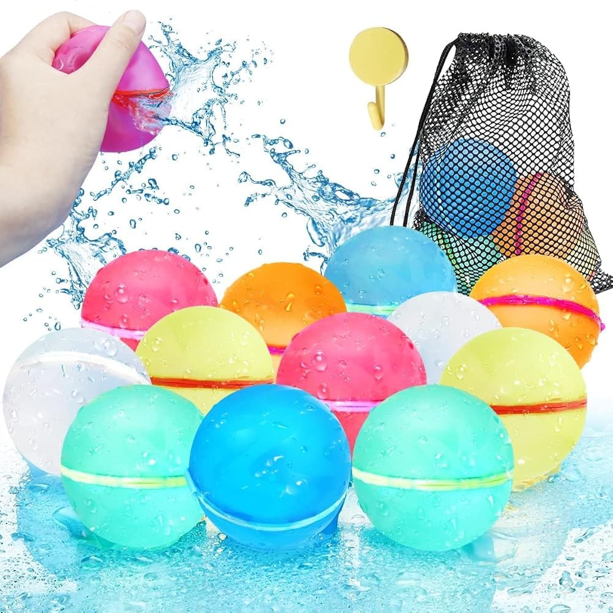 Reusable Water Balloons Self Seal Quick Fill Water Balloons for Kids with Mesh Bag Refillable Water Balloons Outdoor Water Toys Pool Fun Quick and Easy to Fill with Water Water Bombs for Water Fight Games (12pcs)