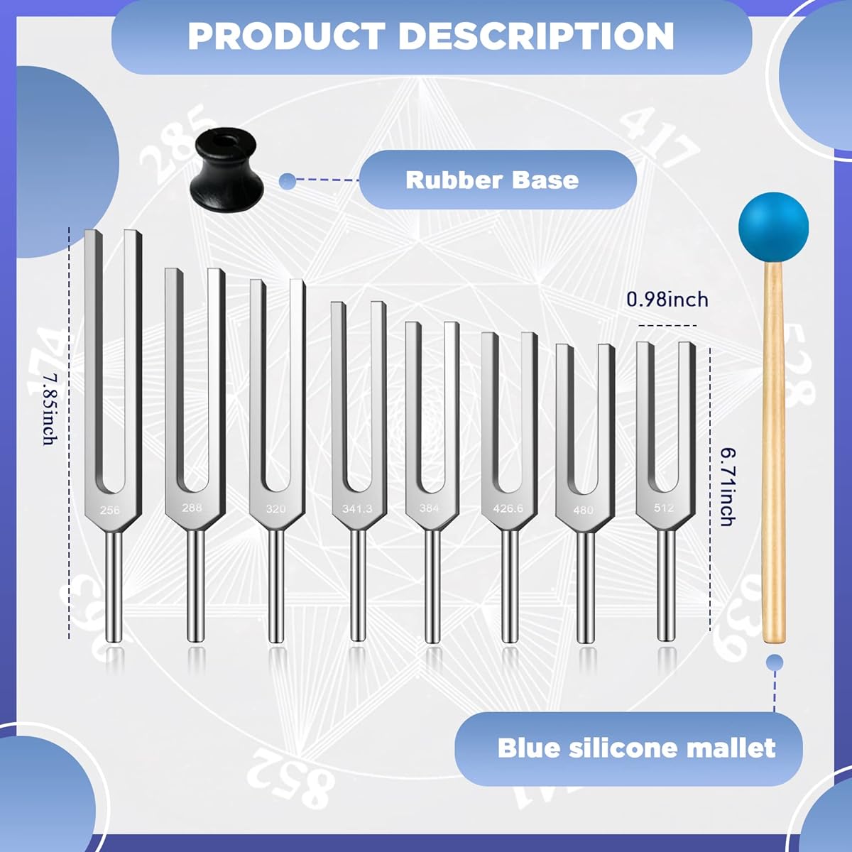 TENFLY Tuning Fork Set of 8 (256Hz, 288Hz, 320Hz, 341.3Hz, 384Hz, 426.6Hz, 480Hz, 512Hz) Tuning Fork Ideal for healing, chakra, and sound therapy Perfectly harmonizes body, mind, and spirit