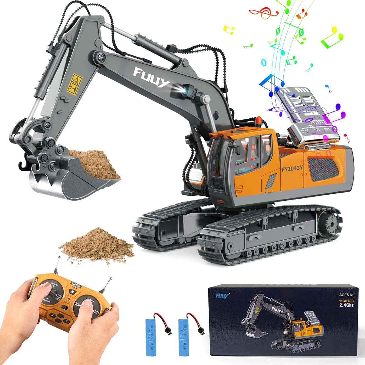 FUUY RC Excavator Toy for 3 Year Old Boys, 11 Channel Remote Control Excavator RC Construction Vehicle Toys for Adults & Kids Age 4-7 Boys Outdoor Birthday Gift 680° Rotation Building RC Loader